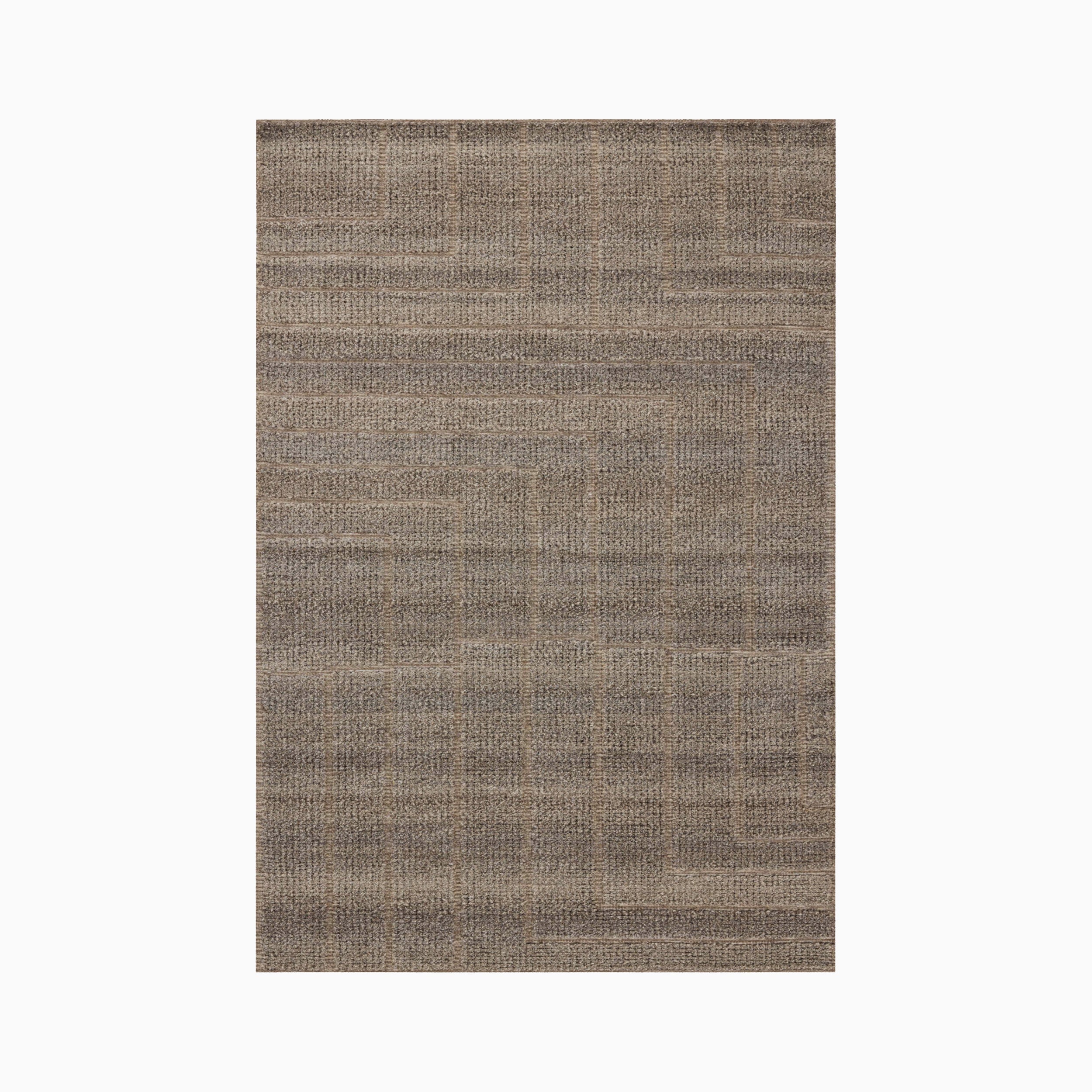 An eco-friendly blend of wool, cotton, and polyester, this 9'6" x 13'6" rug features a brown surface with subtle tonal shifts and angular lines forming a soft geometric pattern.