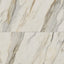 Matte Calacatta Cremo porcelain marble look tile in 24x48 format, showcasing taupe and light grey veining on a beige surface for an elegant, expansive look.