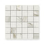Elegant 2x2 matte Calacatta marble look mosaic tiles showcasing light grey and gold veining, ideal for sophisticated and timeless interior designs.