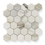 Calacatta Cremo hexagon mosaic marble look tiles featuring white base and beige and taupe veining, perfect for adding elegance to any space.