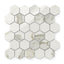 White polished Calacatta Top hexagon mosaic marble look tiles featuring light grey veining, offering a luxurious and timeless design.
