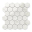 Polished Carrara Bianco hexagon mosaic marble look tiles with light grey veining on white base, offering a timeless and elegant aesthetic for versatile designs.