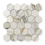 Polished Calacatta Cremo hexagon mosaic marble look tiles with soft beige and light grey veining, offering a warm and sophisticated aesthetic.