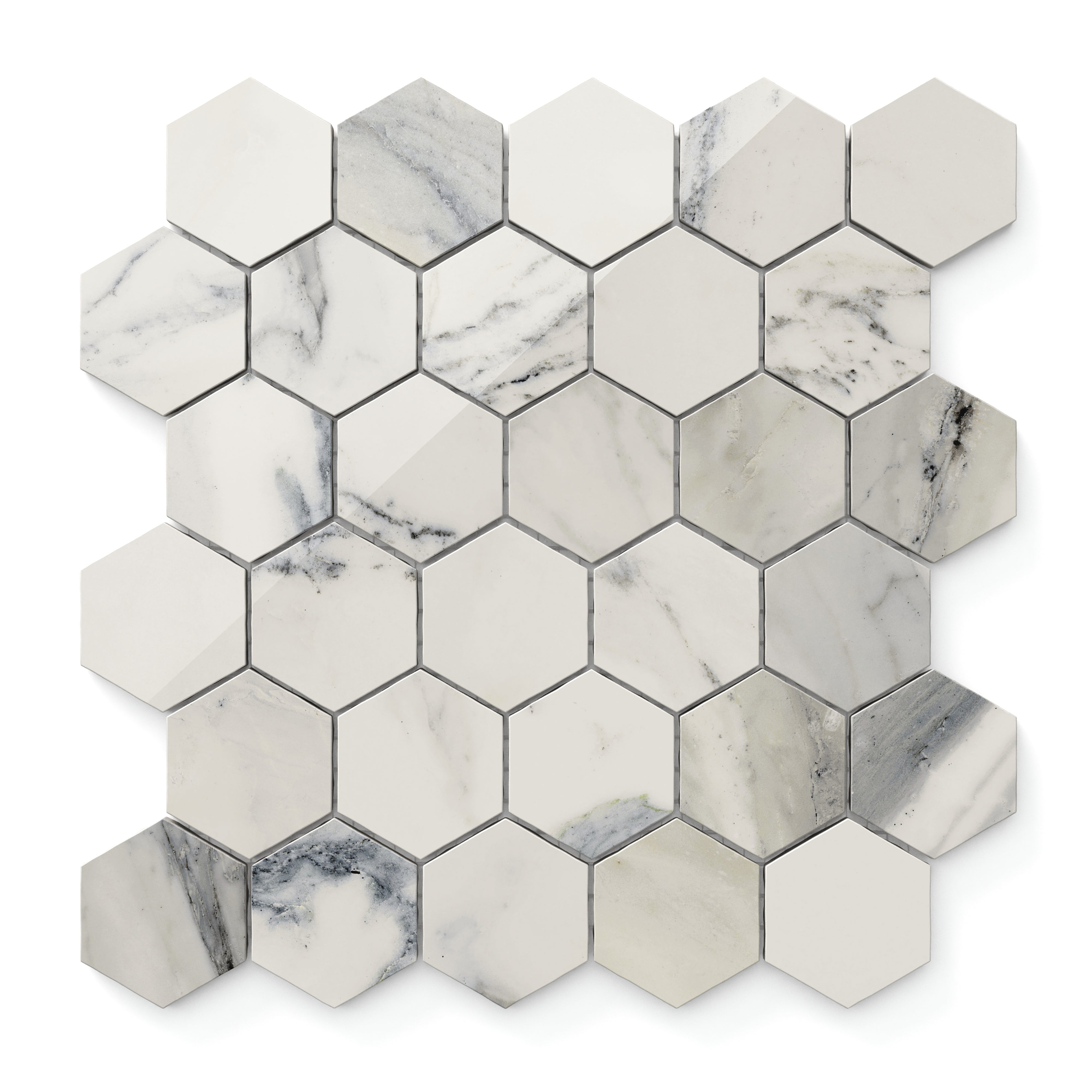 Aniston 2x2 Polished Porcelain Hexagon Mosaic Tile in Calacatta Antico