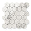 Polished Calacatta Quarzite hexagon mosaic marble look tiles showcasing light grey veining and a clean white backdrop for a modern look.