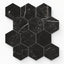 Leona Nero Marquina 3x3 hexagon mosaic matte tile, featuring bold black marble with subtle white veining for a refined, modern look.