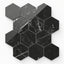Leona Nero Marquina 3x3 hexagon mosaic polished tile, showcasing deep black marble with striking white veining for dramatic elegance.