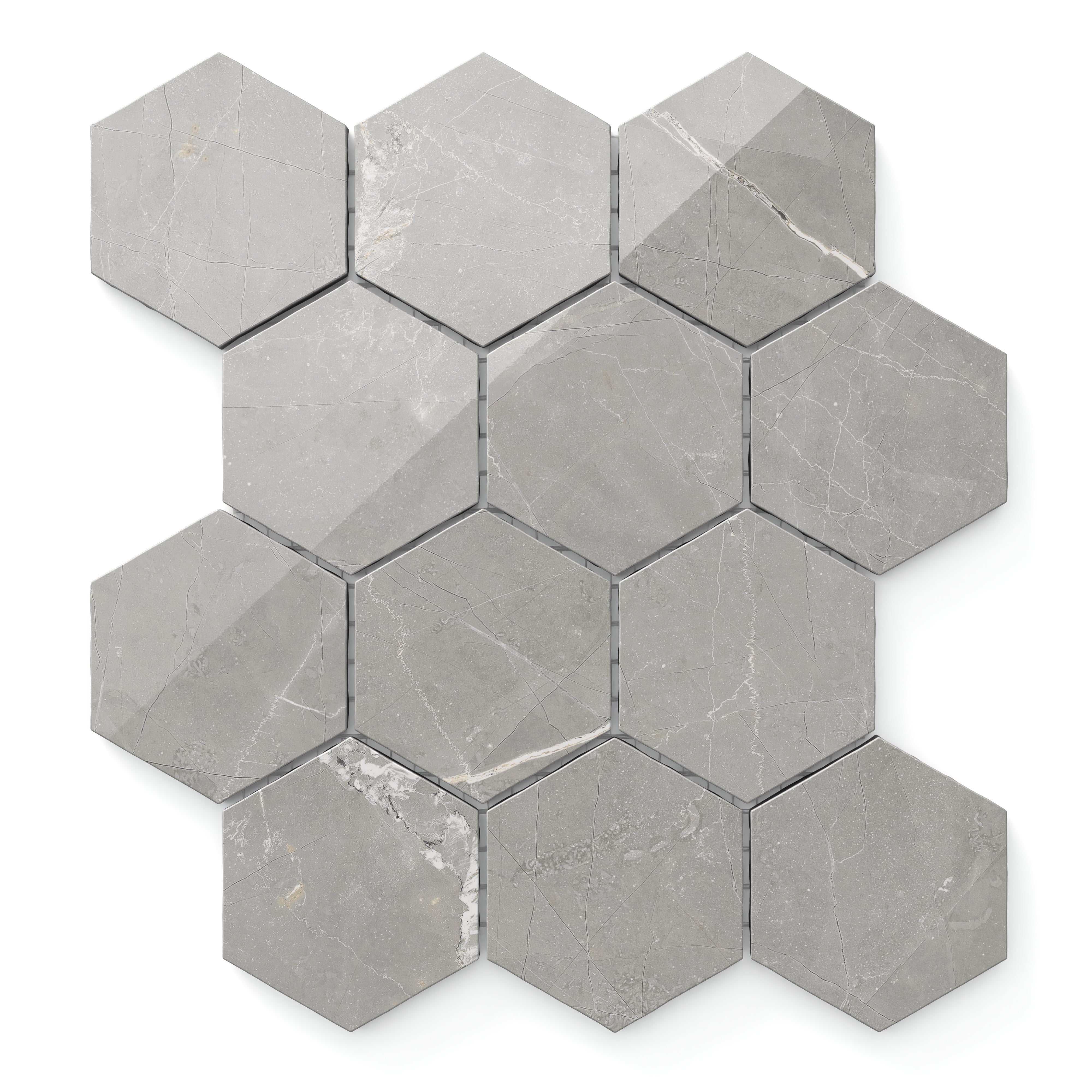 Leona 3x3 Polished Porcelain Hexagon Mosaic Tile in Amani Grey