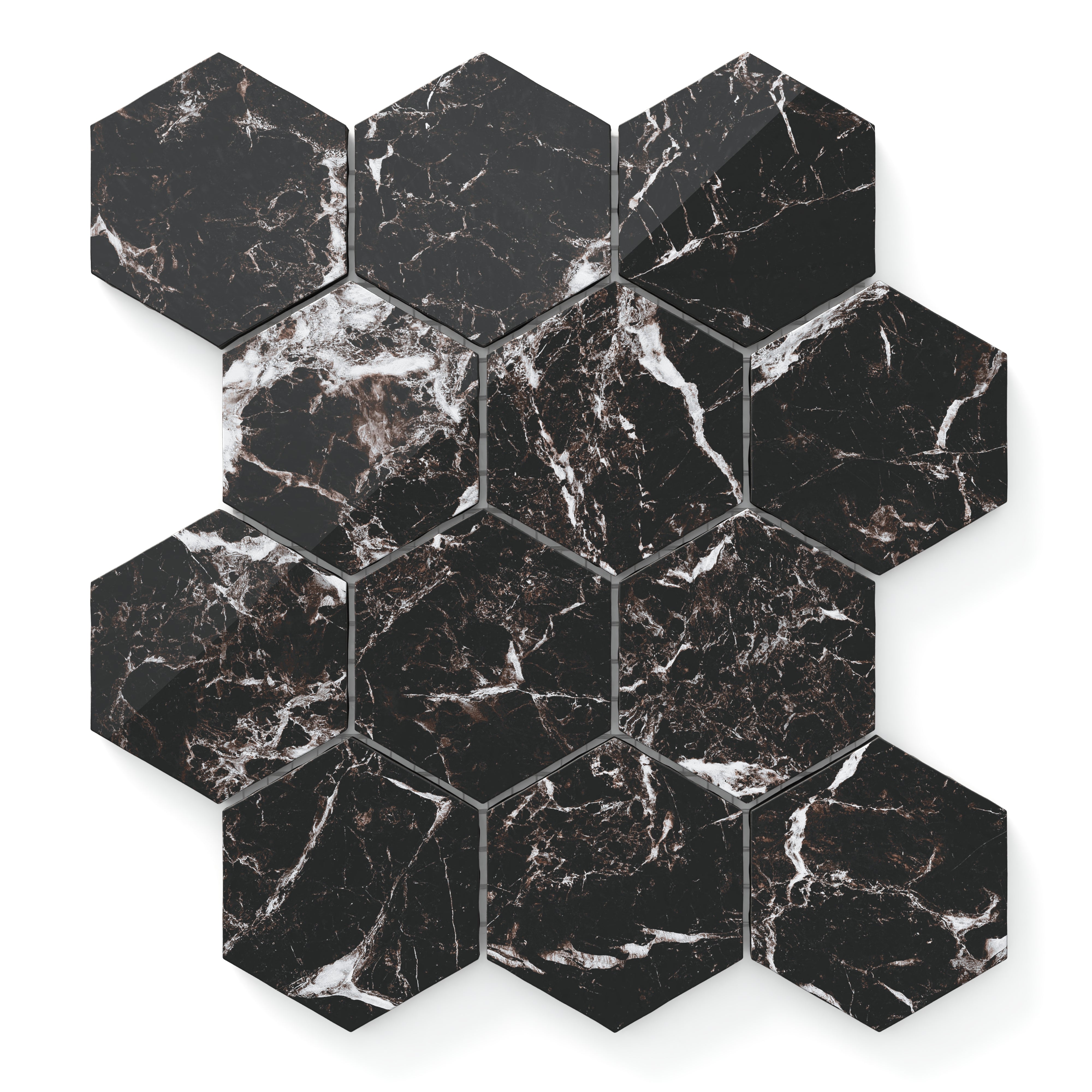 Blair 3x3 Polished Porcelain Hexagon Mosaic Tile in Marmo Black