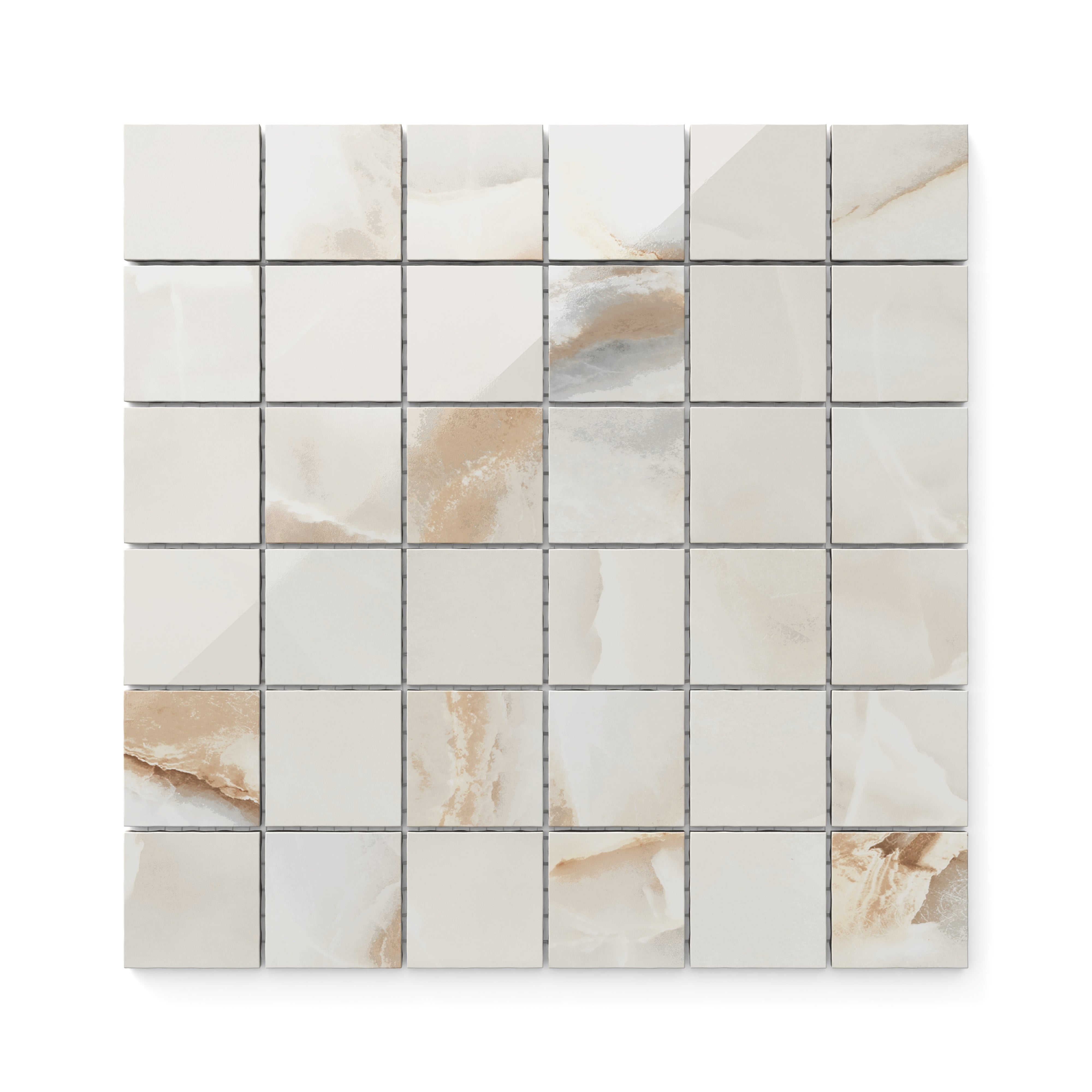 Astrid Alabaster 2x2 mosaic porcelain tile showcases unparalleled onyx realism, perfect for intricate detailing.