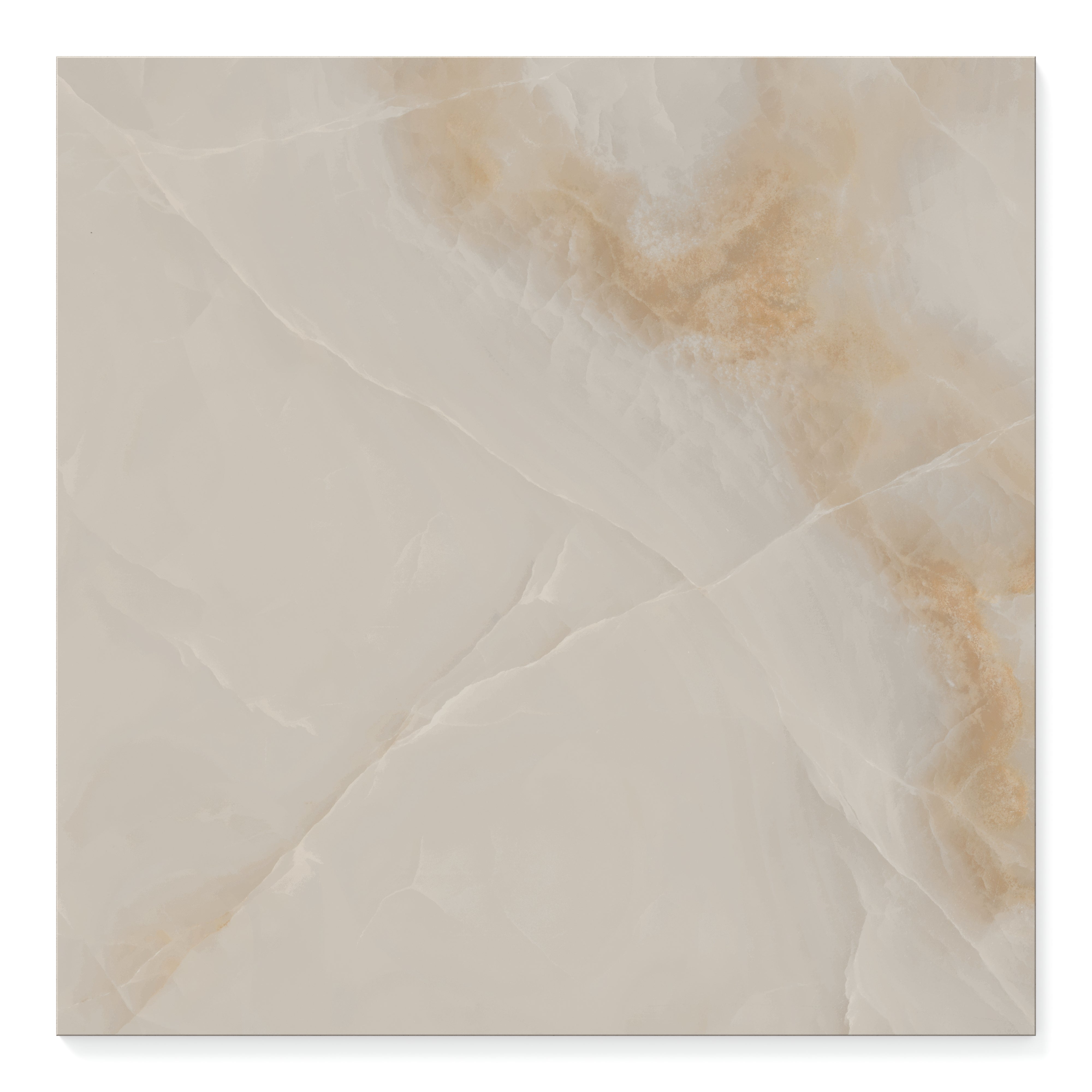 Rich veining in Astrid Sand onyx-look porcelain tile adds sophistication to any space.