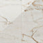 Astrid 24x24 polished porcelain tile in Alabaster, showcasing a reflective finish with beige and gold marble-like veining.