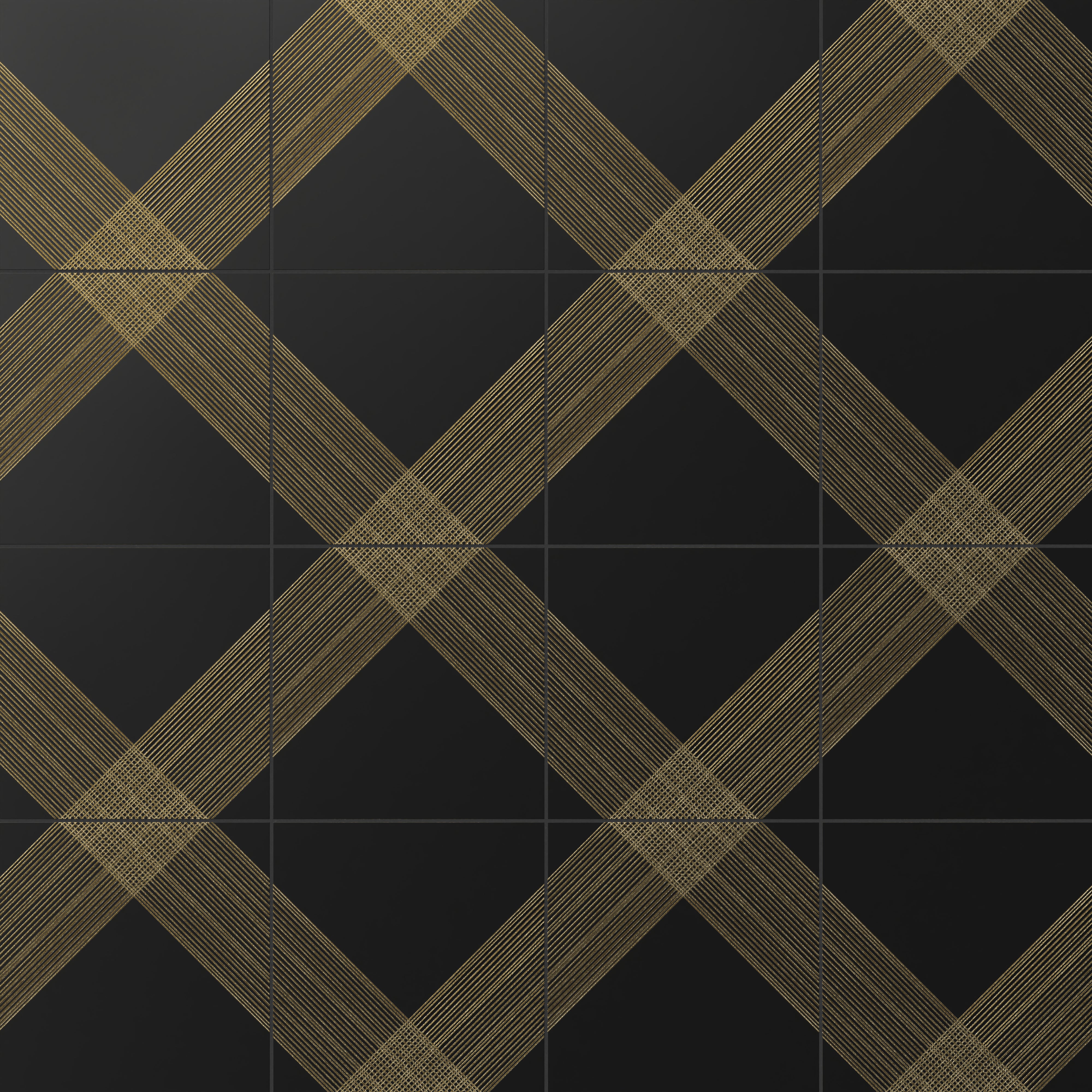 Estelle 12x12 Satin Ceramic Tile in Deco 2 Black Gold