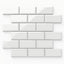 Maggie white mosaic porcelain tile in a 2x4 beveled brick pattern with a glossy finish, ideal for clean, modern designs