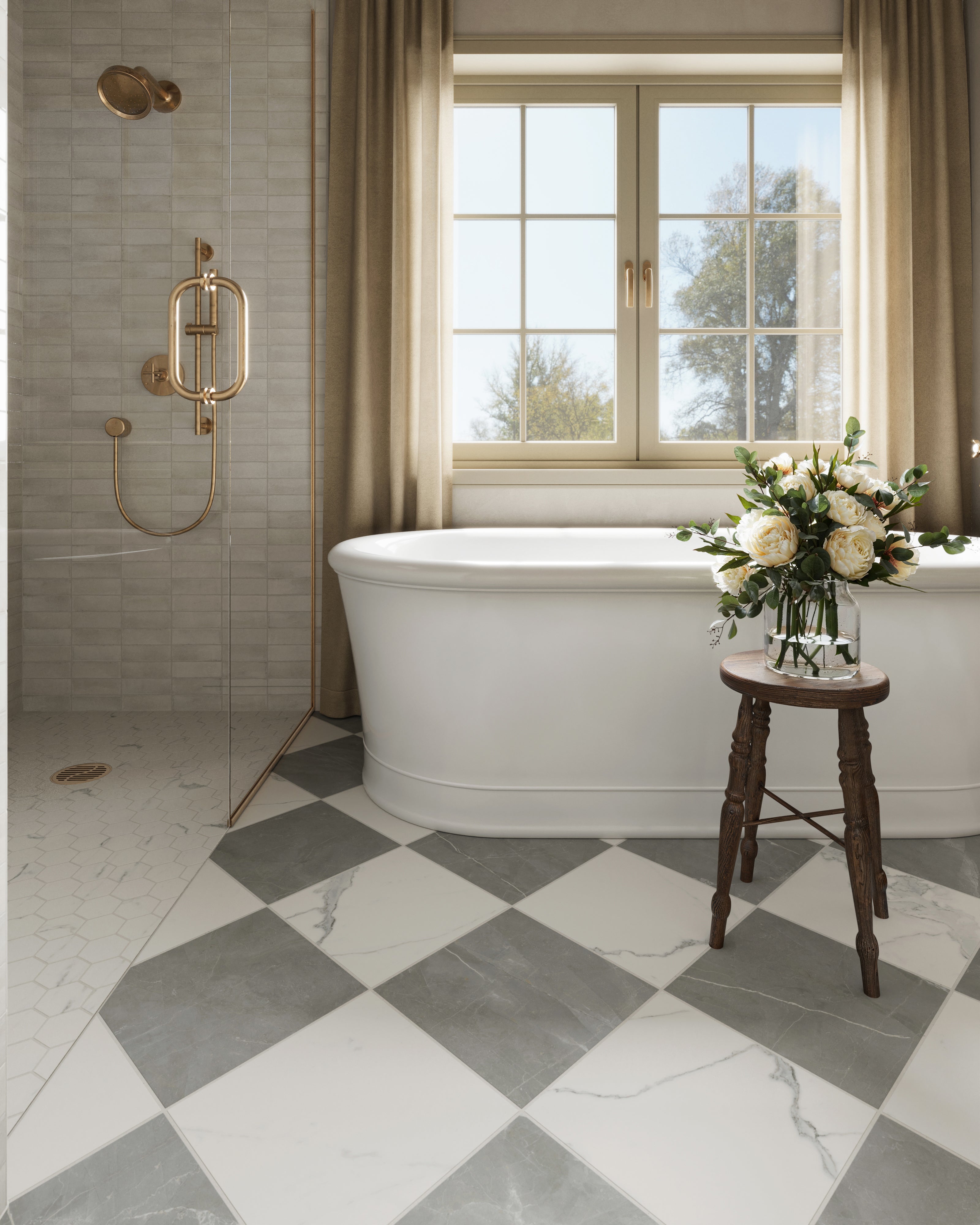 Elegant bathroom showcasing Natasha 2x6 matte porcelain tile in Oat, with moody white and light grey tones, paired with a soft checkered floor in marbled ivory and stone gray.