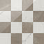 Leona Calacatta and Amani Bronze checkerboard 12x12 gloss tiles shine with a luxurious blend of warm brown and elegant white marble.
