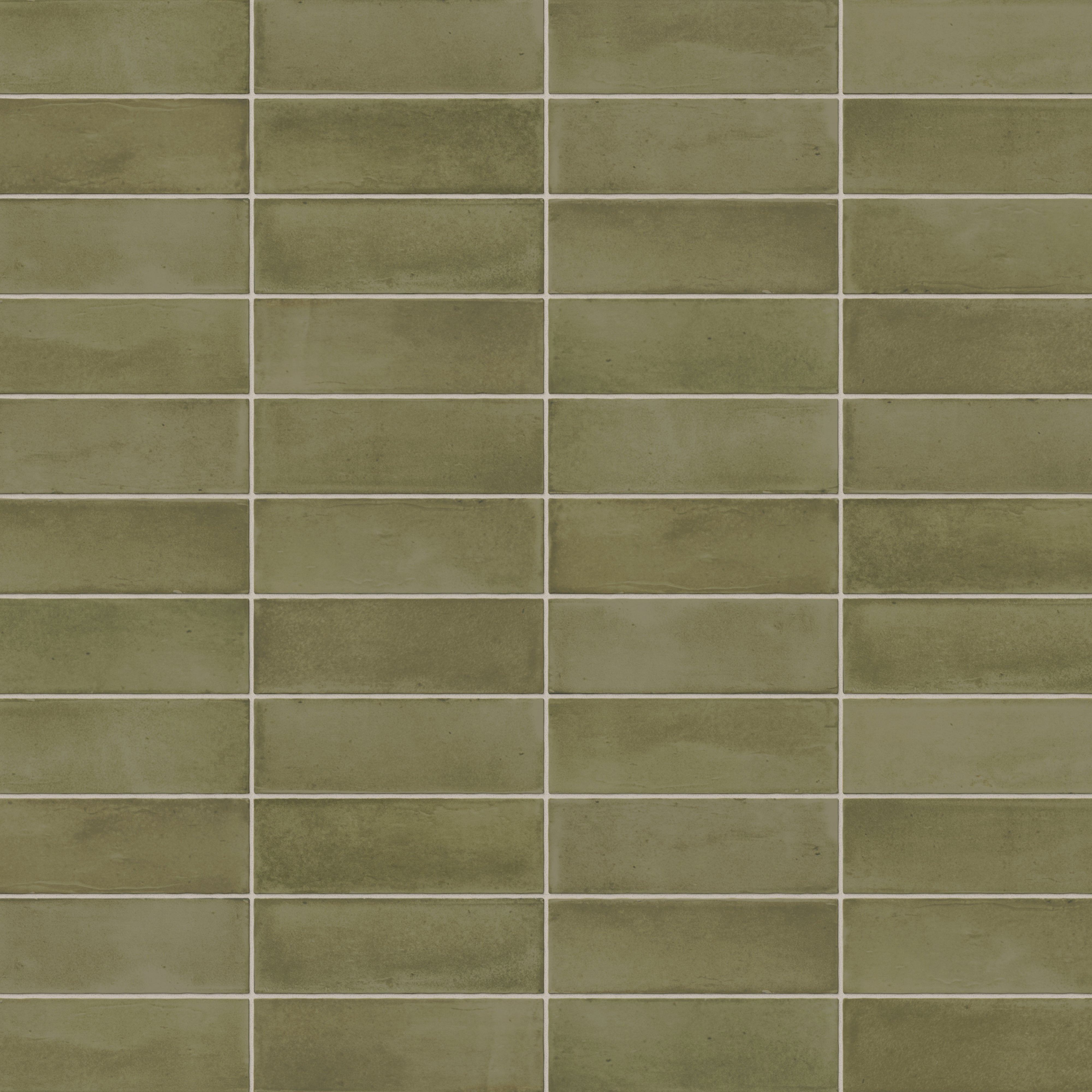 A 2x6 porcelain subway tile in moss green, featuring a matte finish, and a clean stacked layout with fine grout lines.