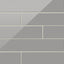 A 4x21 ceramic subway tile in light gray, featuring a glossy finish and staggered brick layout with fine grout lines.