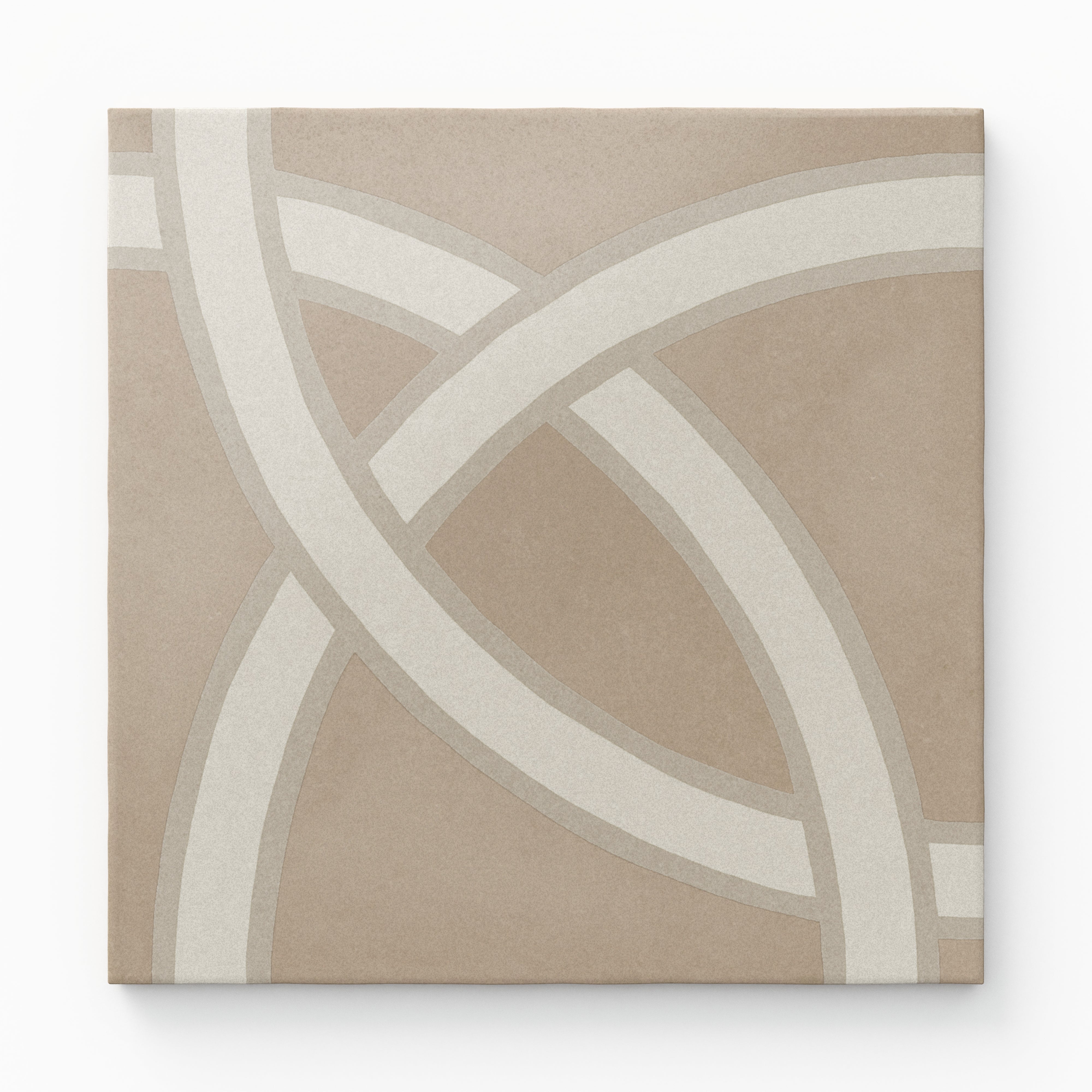 An 8x8 matte porcelain decorative tile in taupe, featuring overlapping off-white arcs in a fluid, interlaced pattern that blends modern geometry with soft neutral tones.