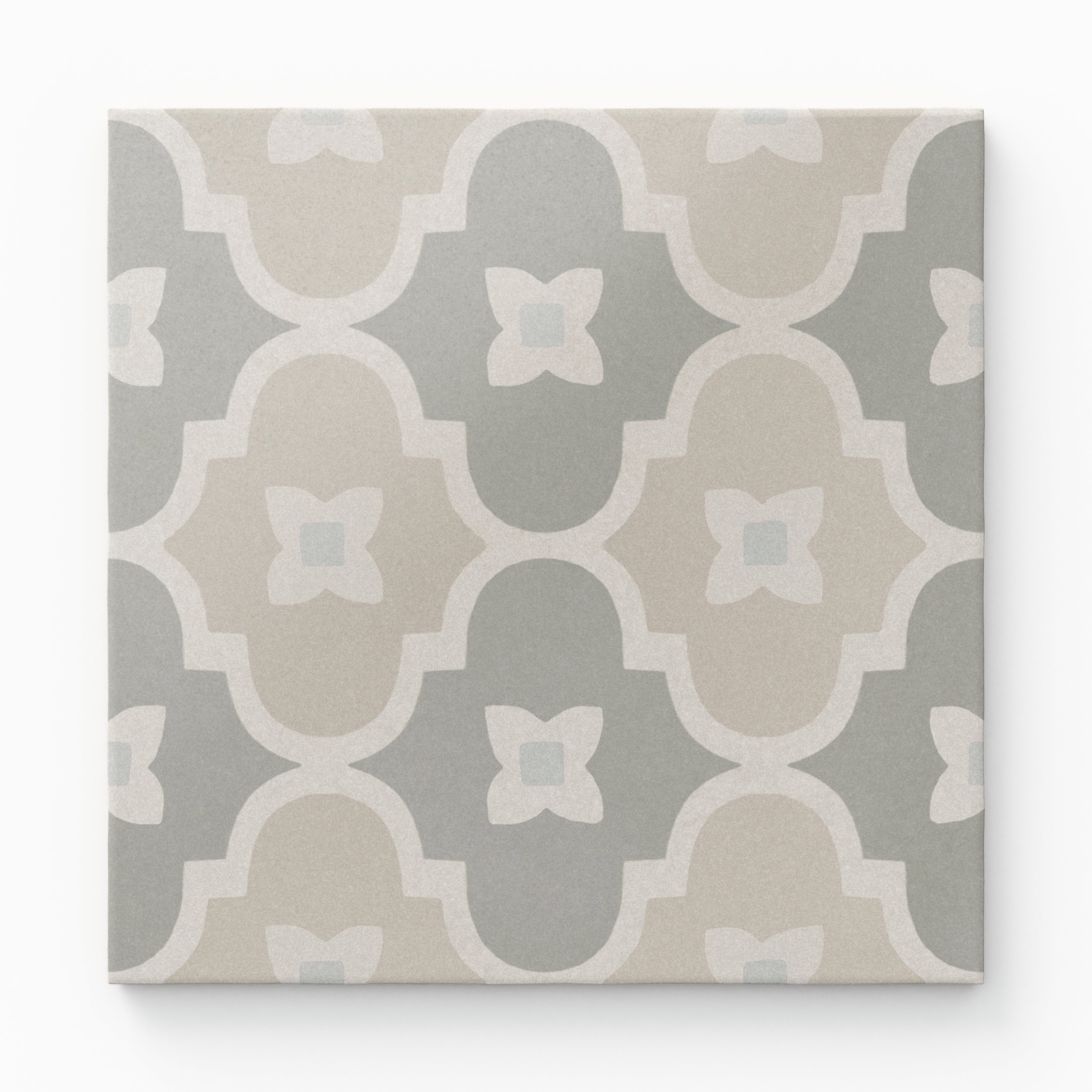 An 8x8 matte porcelain decorative tile with interlocking ogee shapes in muted taupe and green, accented by subtle four-petal floral motifs.