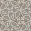 An 8x8 matte porcelain decorative tile in taupe and gray, arranged in a floral quadrant that forms a graceful, symmetrical petal motif with pale botanical curves.