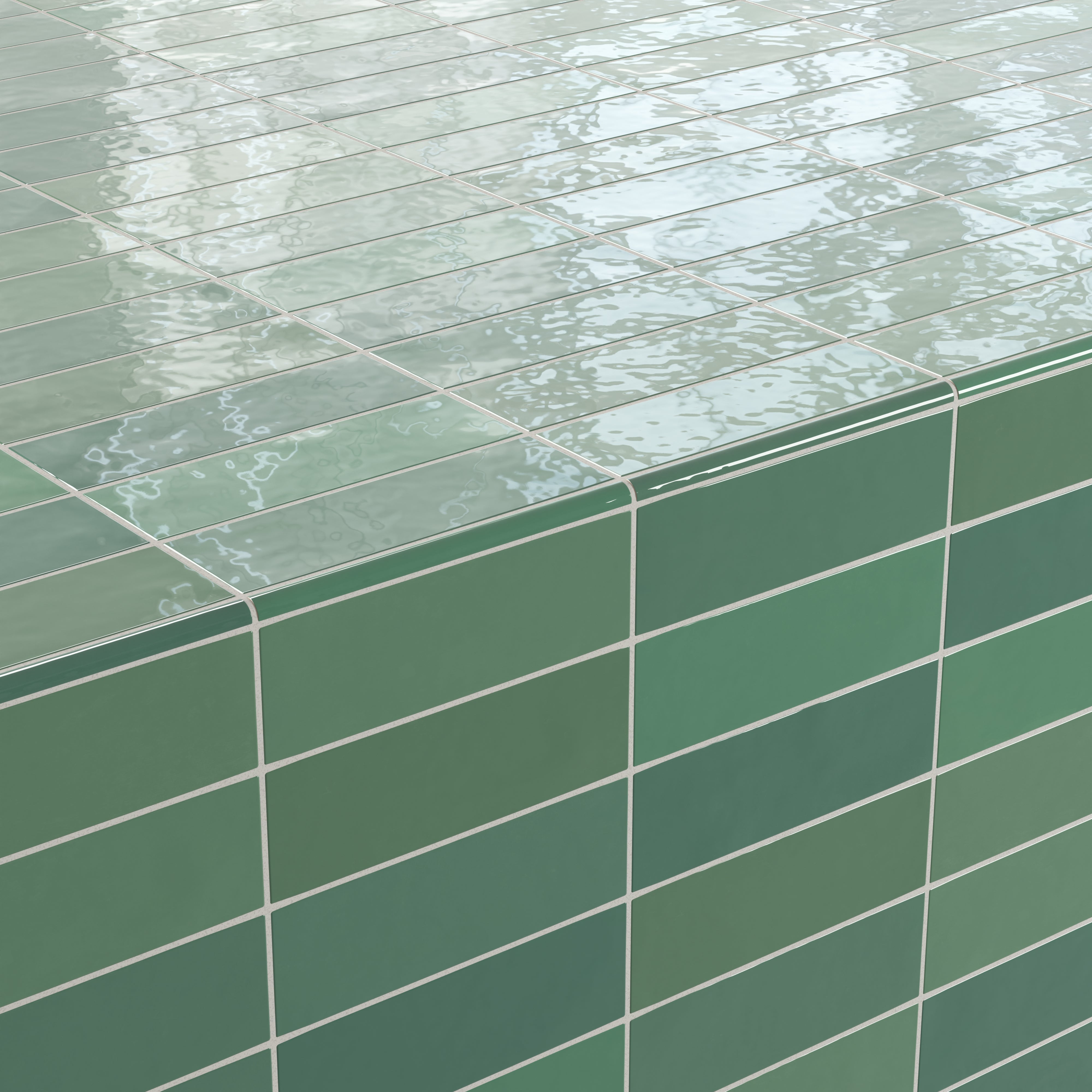 Glossy green rectangular ceramic tiles with a reflective surface and crisp white grout lines, creating a fresh and vibrant modern look.