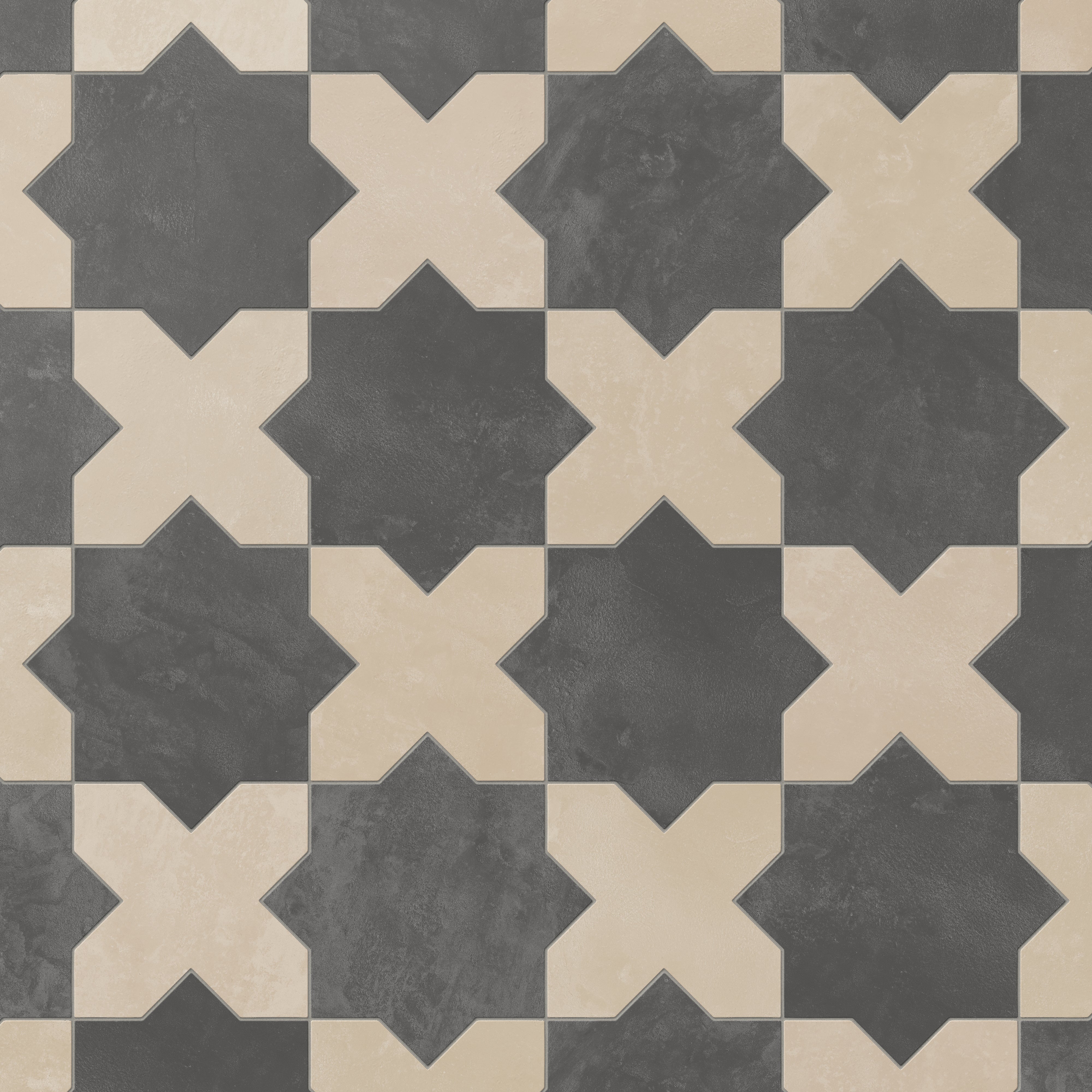 Isabel 11x11 Matte Porcelain Tile Star in Charcoal and Cross in Bone