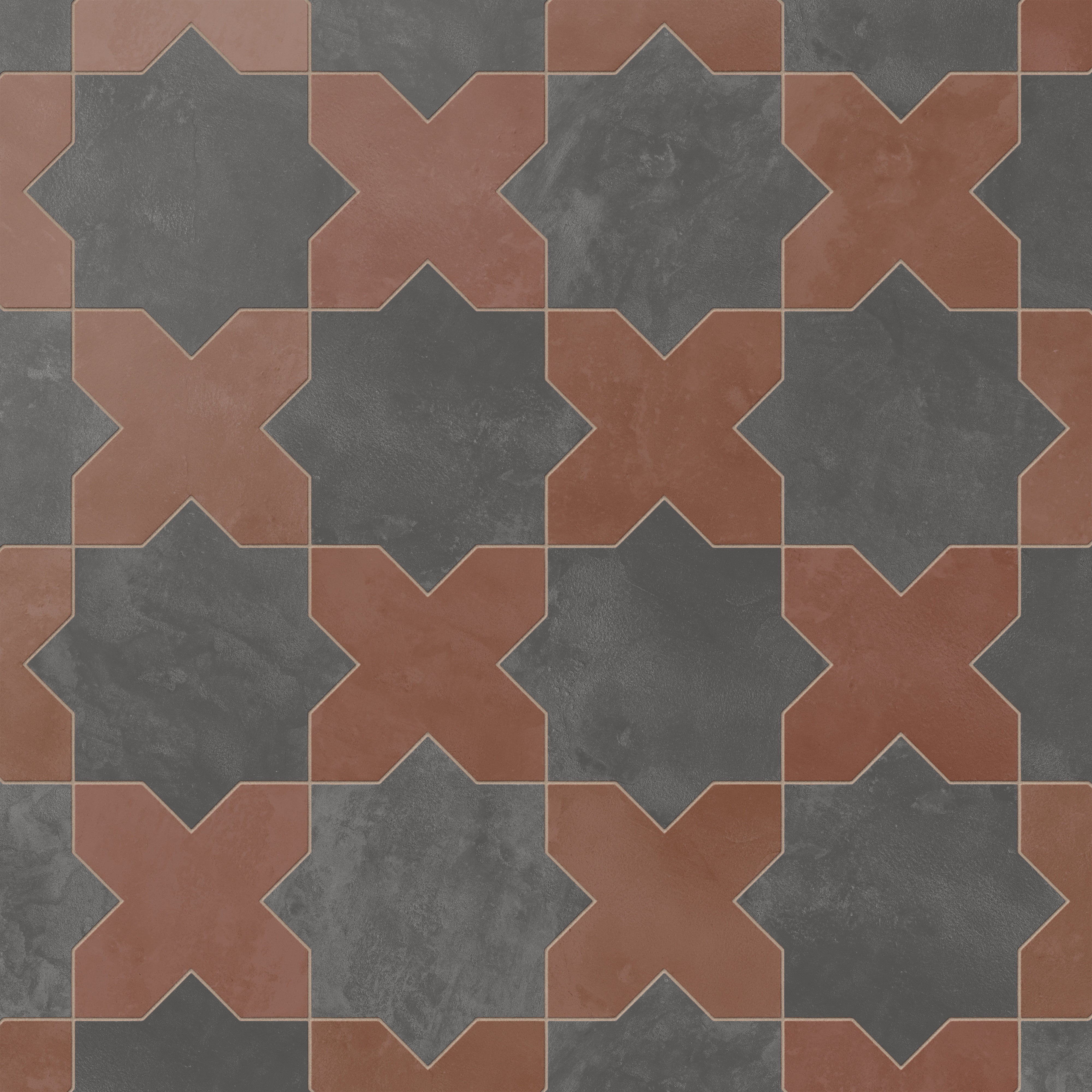 Isabel 11x11 Matte Porcelain Tile Star in Charcoal and Cross in Rust