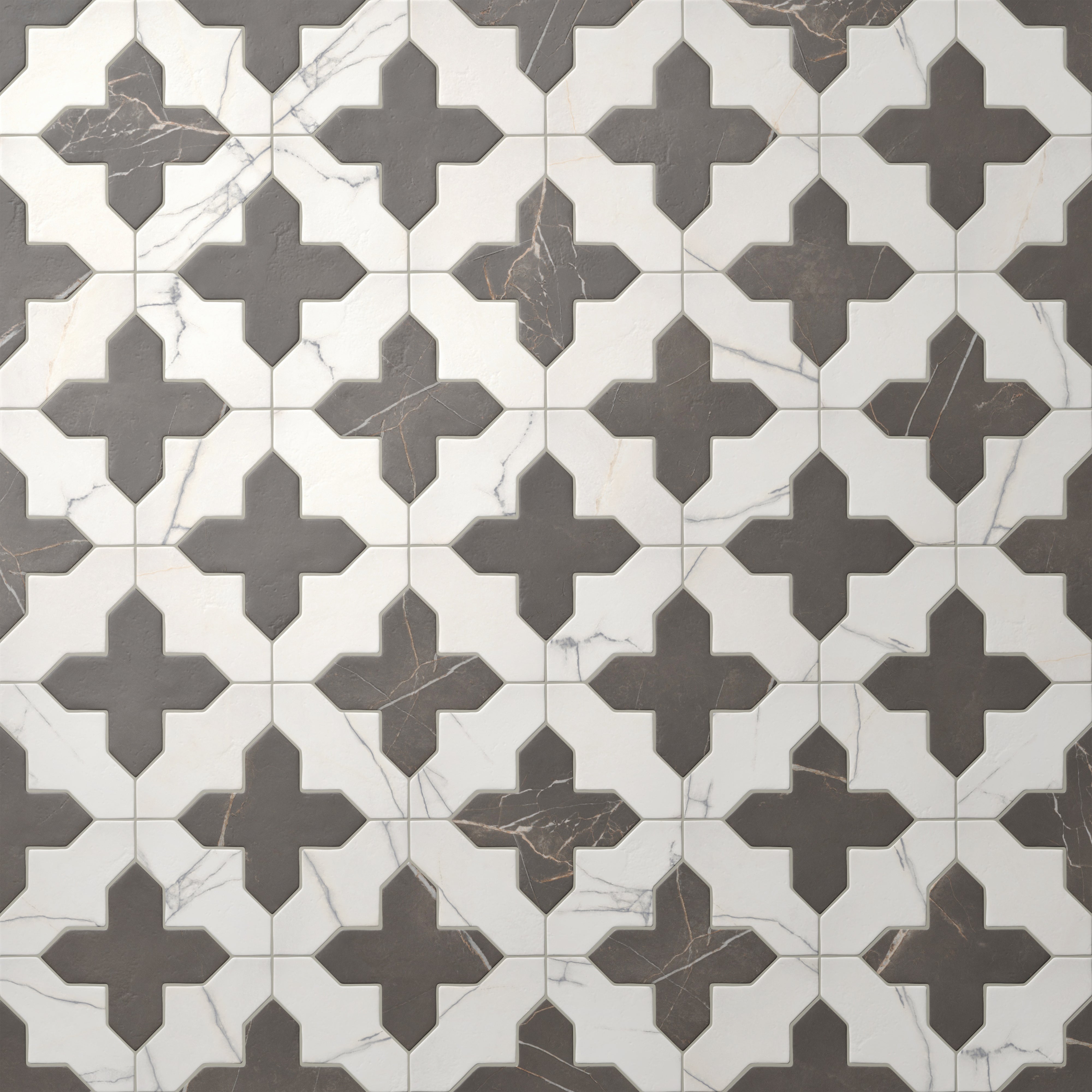 Aslan 8x8 Porcelain Tile Templar Shield in Calacatta and Cross in