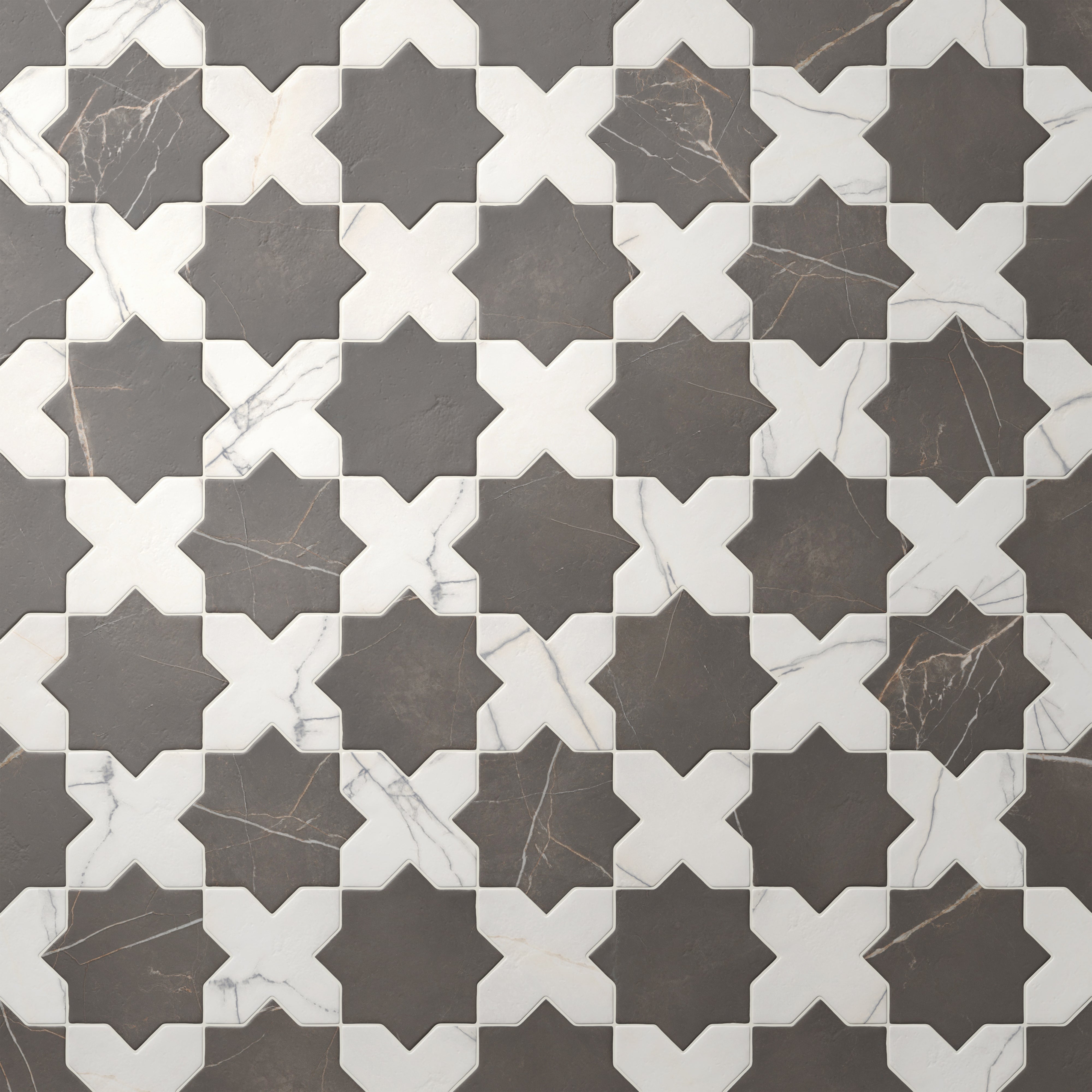 Aslan 6x12 Porcelain Tile Star in Imperial and Cross in Calacatta