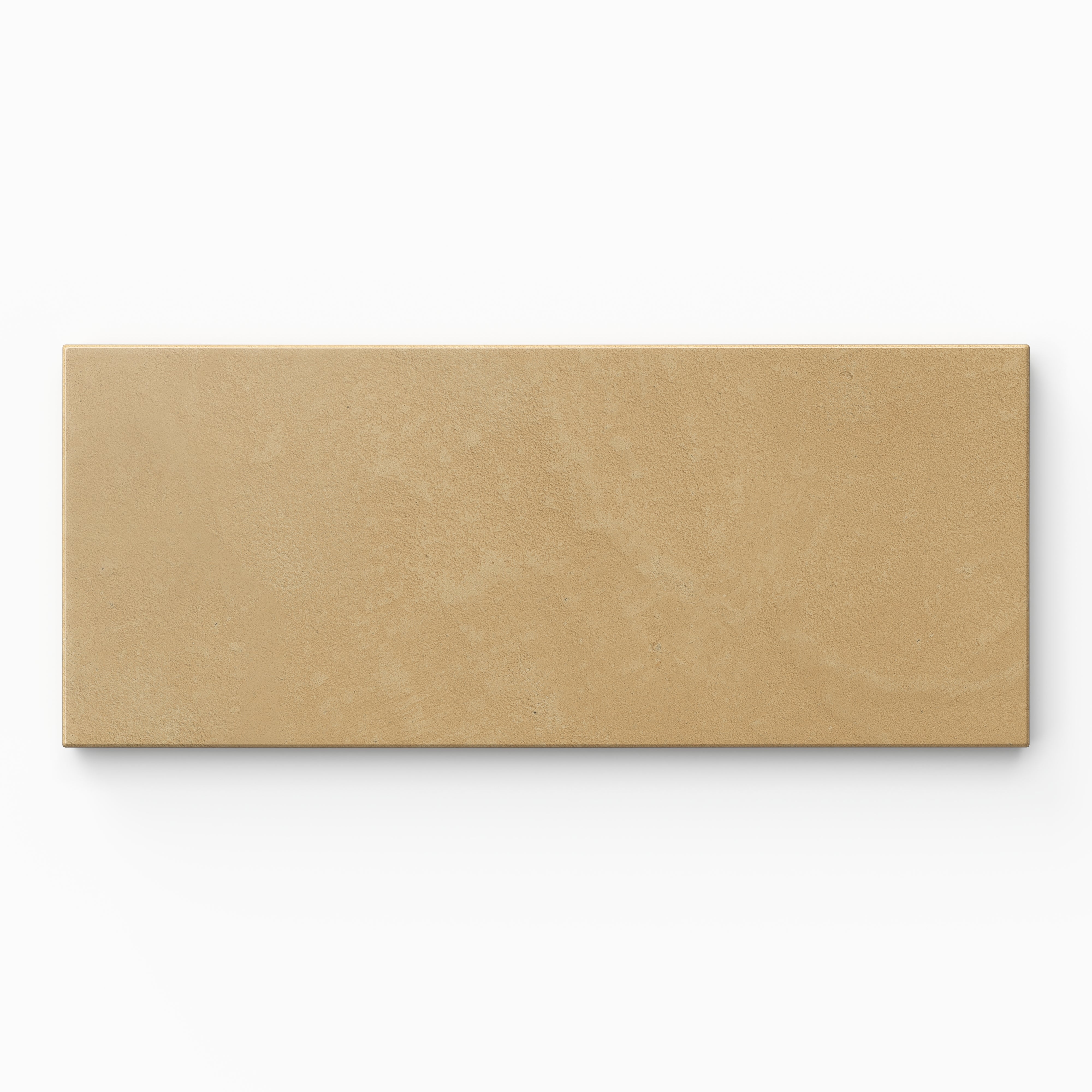 Isabel 2.5x12 Matte Porcelain Tile in Daffodil features an elongated subway shape in earthy yellow-orange hues, with a quiet cement-plaster surface and a soft, powder-matte finish.