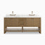 Maxine 72” freestanding double vanity in washed natural veneer with white marble top and dual brass widespread faucets.