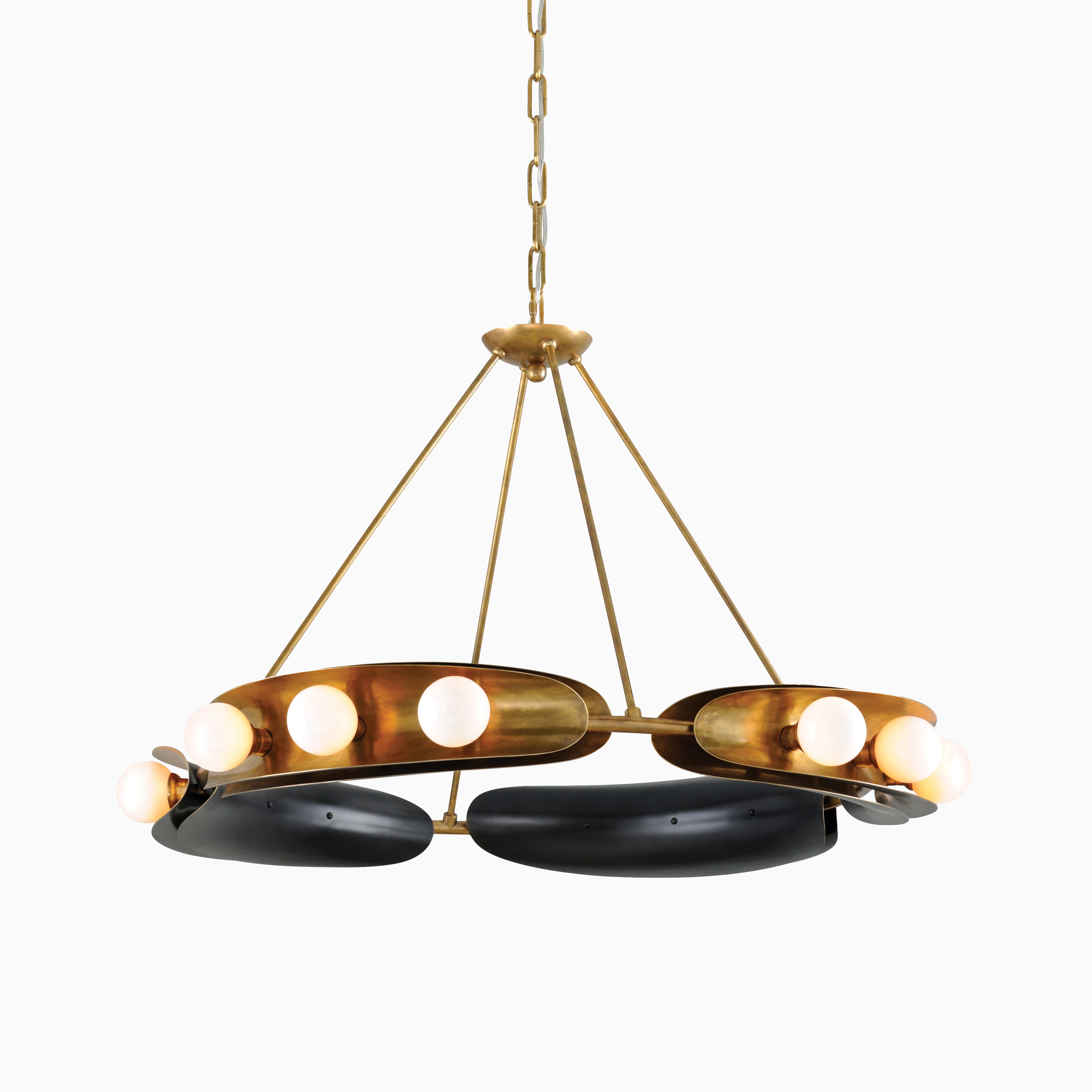 Modern vintage brass chandelier with circular multi-arm design featuring globe bulbs and contrasting dark bronze accents suspended from a brass chain