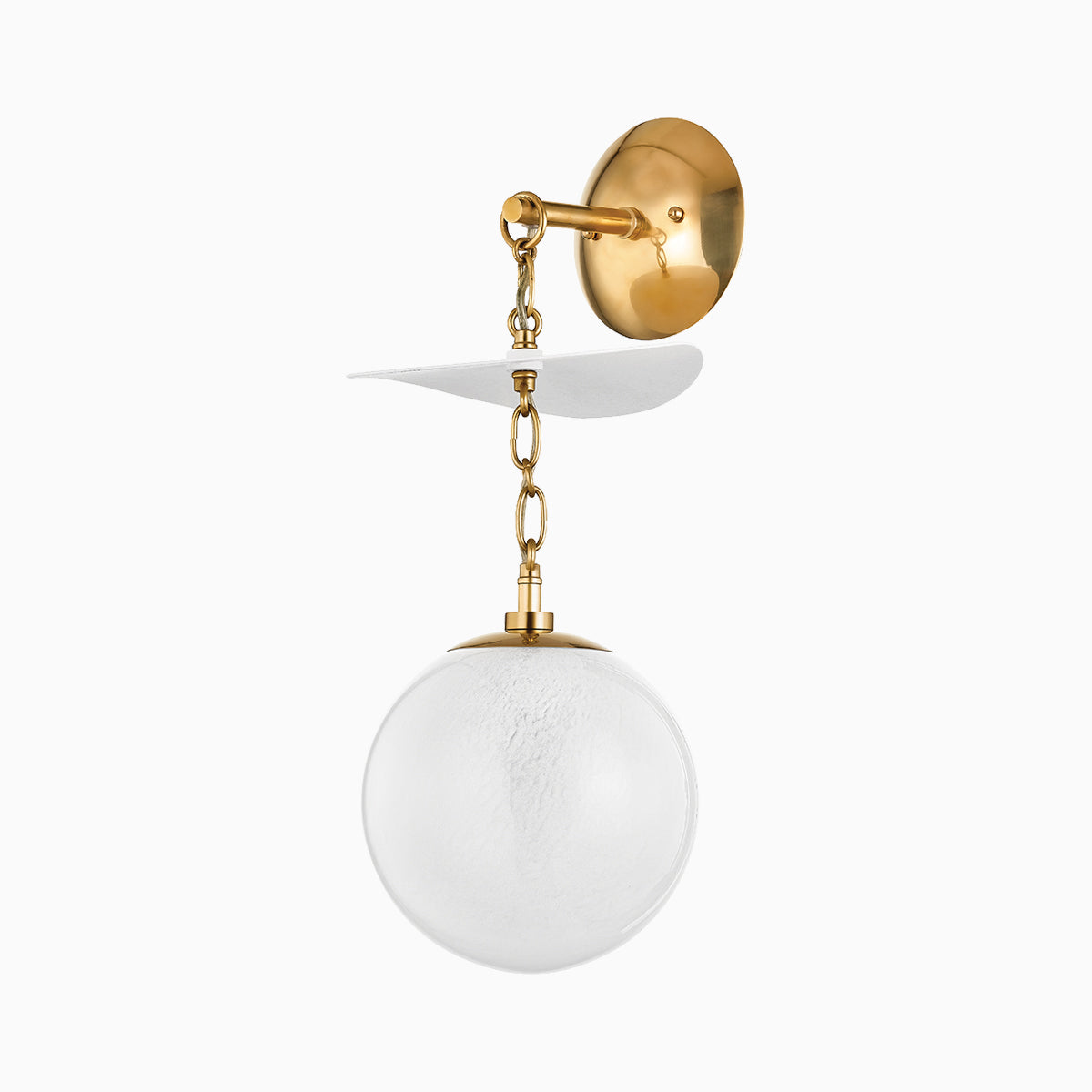 Wall sconce in vintage brass featuring a single frosted glass globe suspended by a short brass chain from a round wall mount.