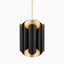 Black and gold pendant light with sculptural metal shade, cylindrical form, and modern style that highlights bold contrasts