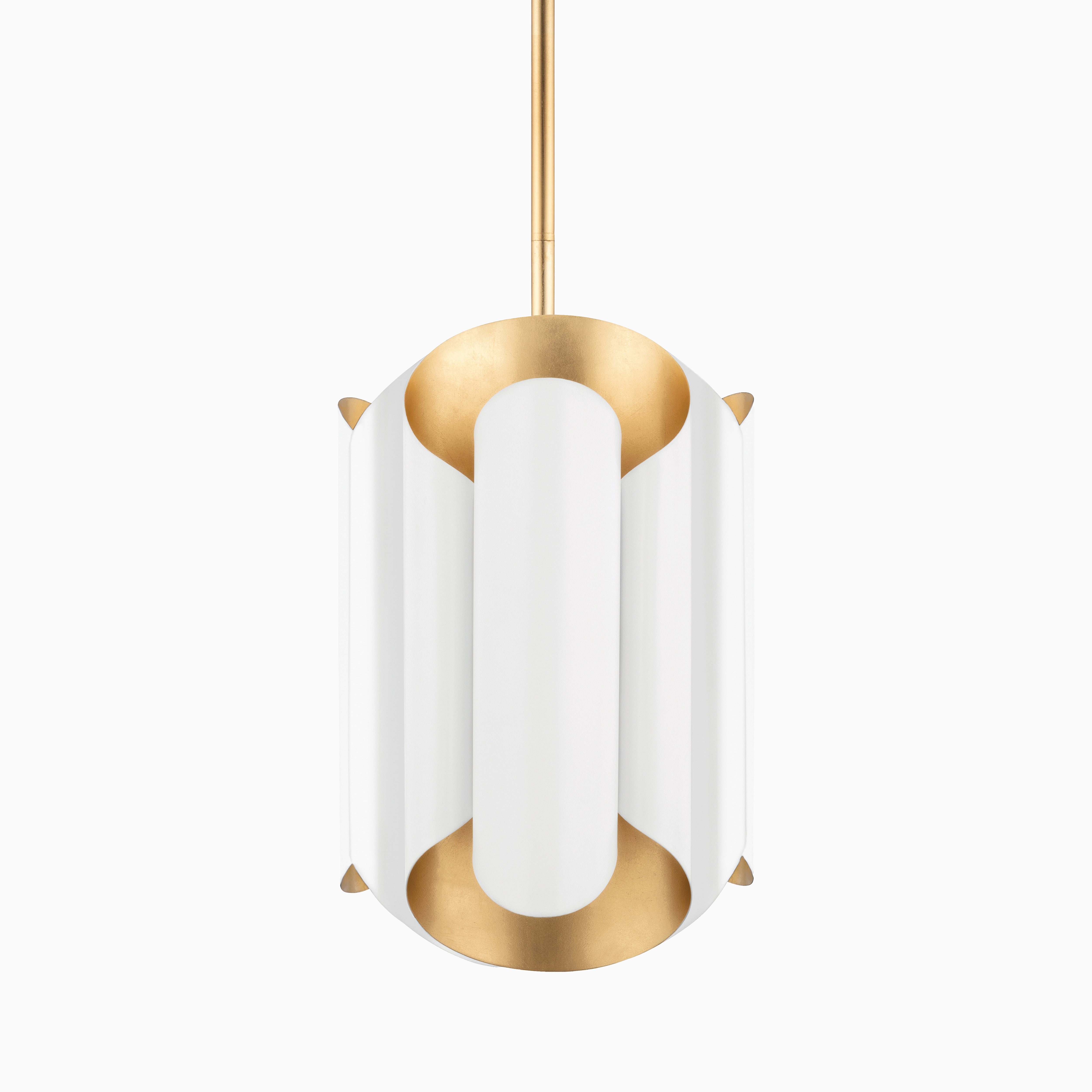 White and gold pendant light with sculptural metal shade, sleek cylindrical design, and modern style highlighting clean contrast.