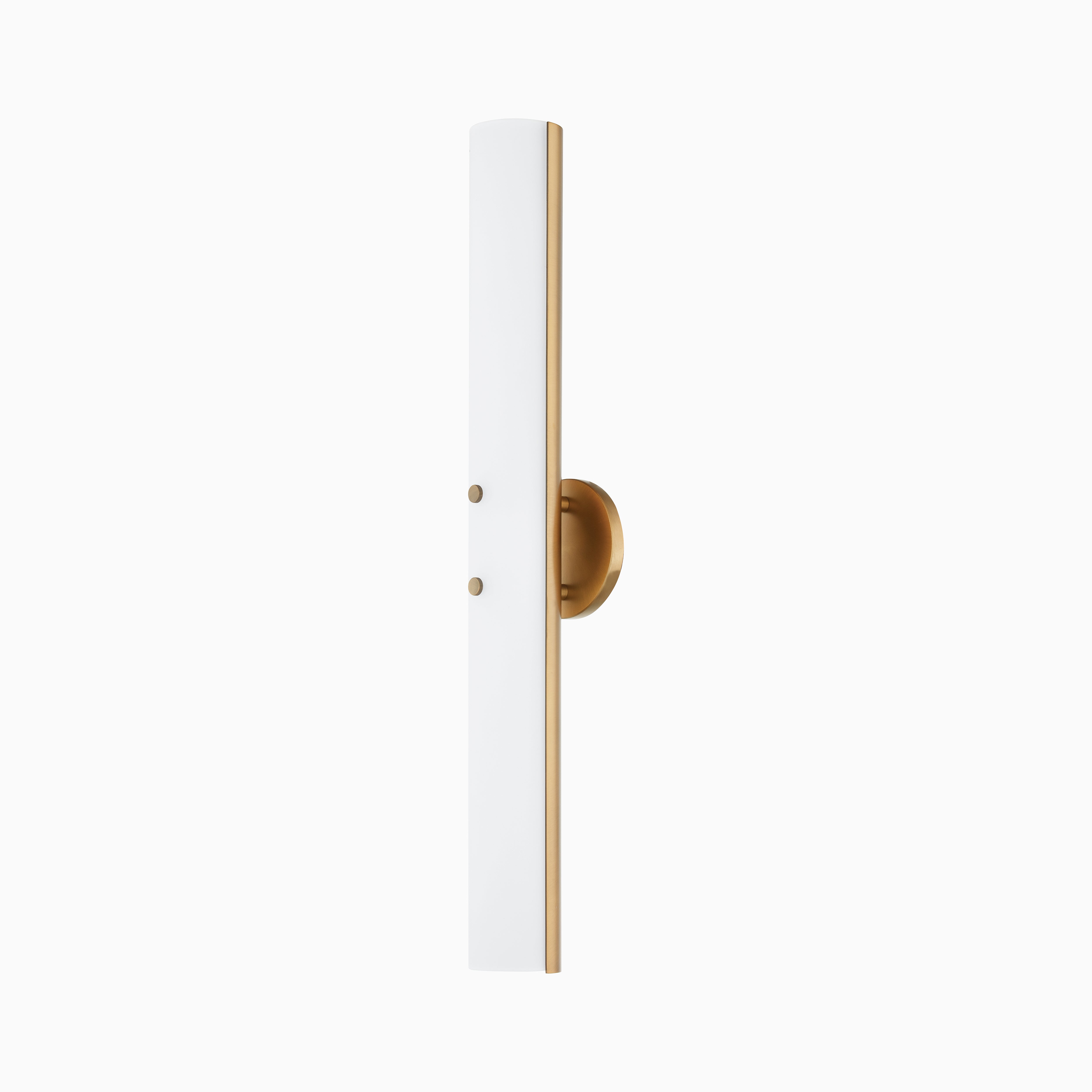 Patina brass wall sconce with slim vertical design, frosted white diffuser, and rounded backplate for a modern minimalist look.
