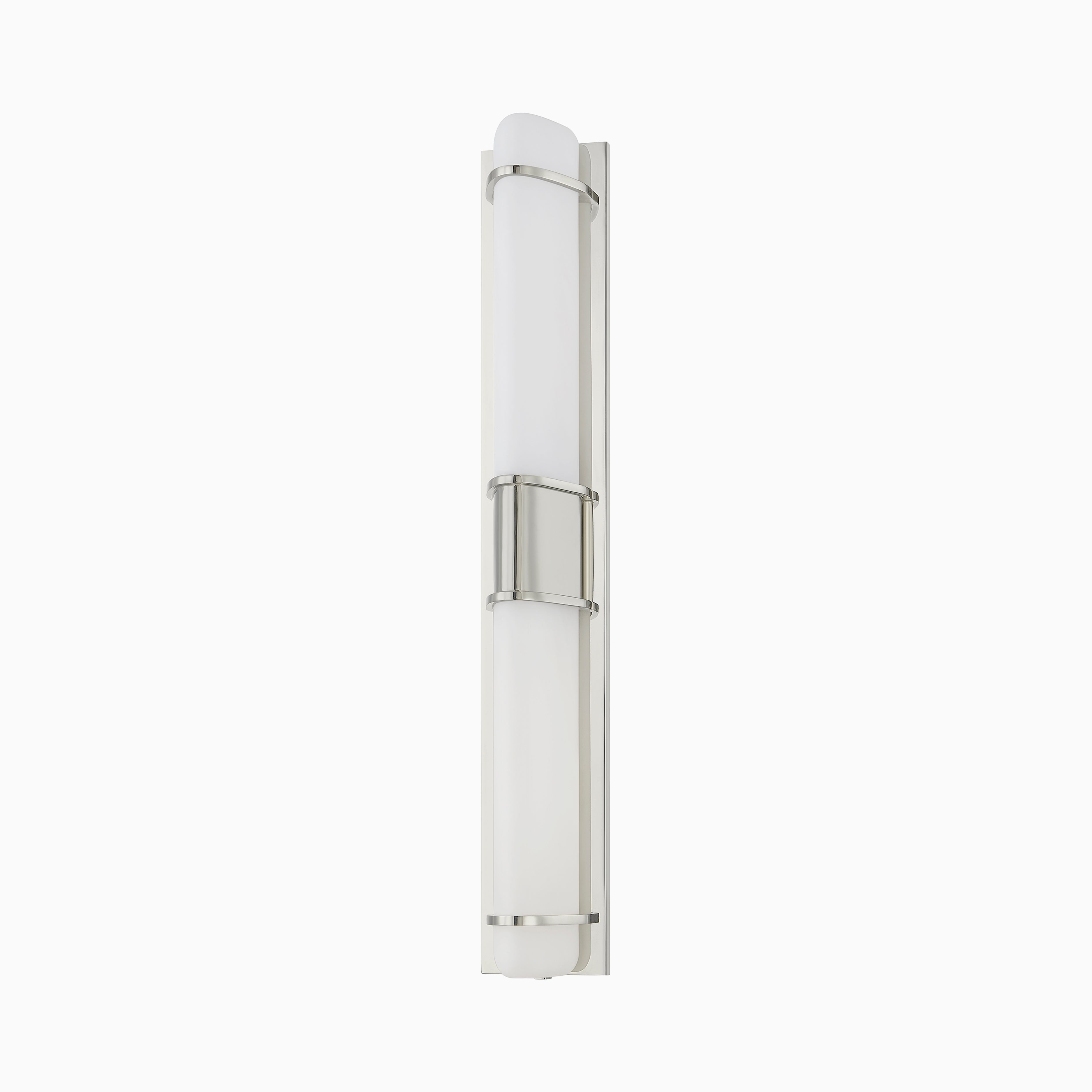 Slim wall sconce with a matte triangular glass shade and polished nickel accents, offering sleek, modern ambient lighting.