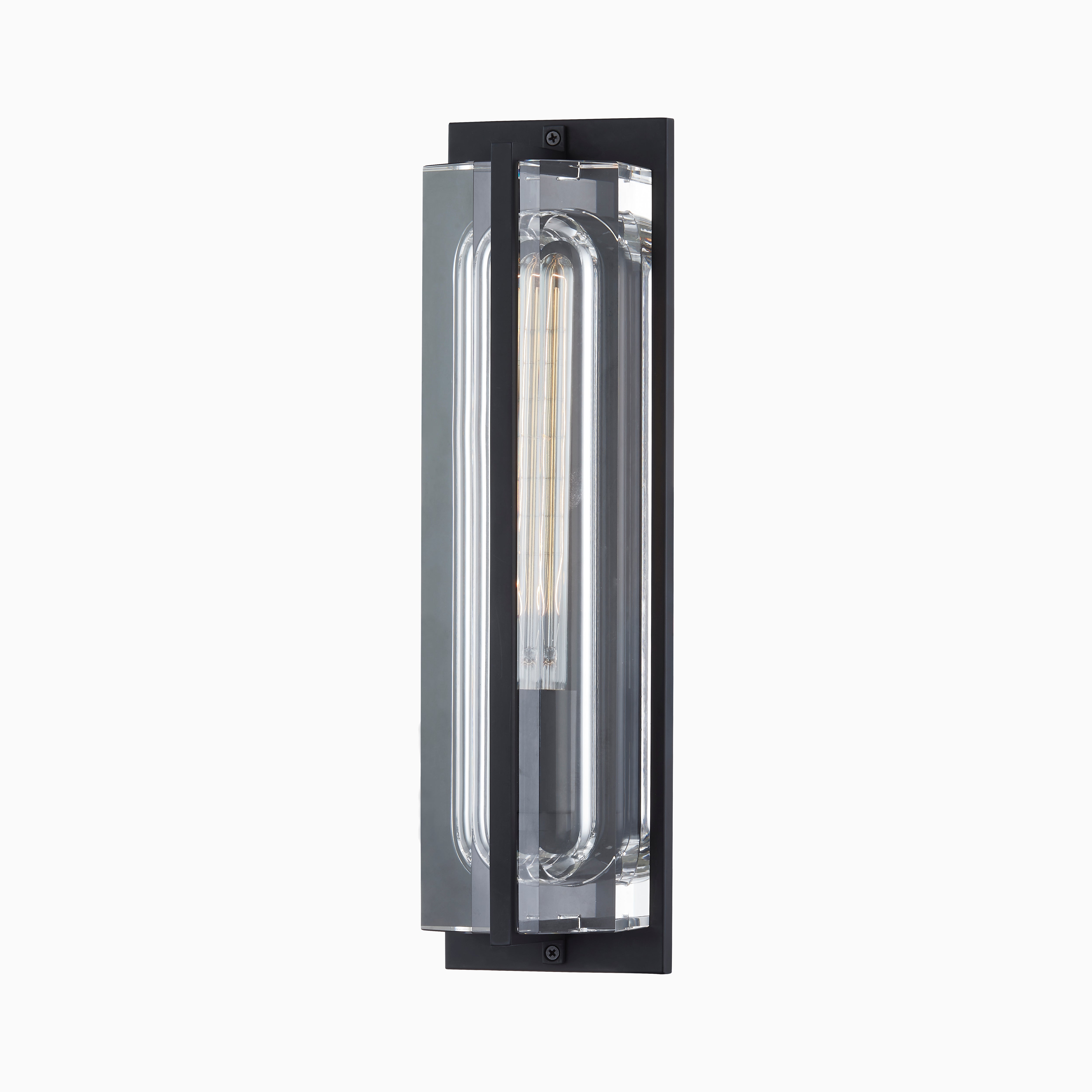 Contemporary wall sconce with curved clear glass tubing and a bold matte black brass frame.