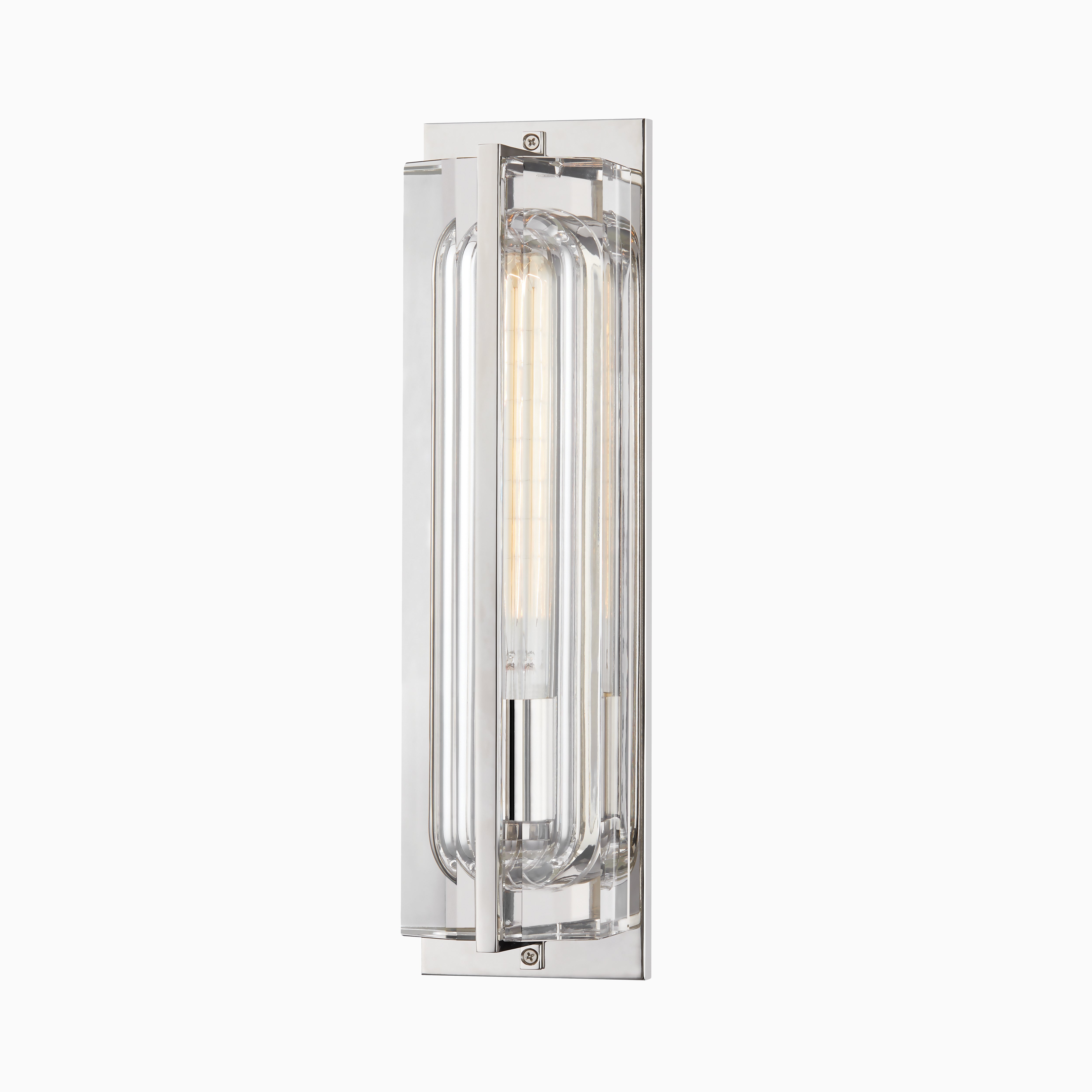 Polished nickel wall sconce featuring curved clear glass tubing for a sleek, luminous accent.