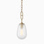 Elegant pendant light with a frosted teardrop glass shade and aged brass chain suspension.
