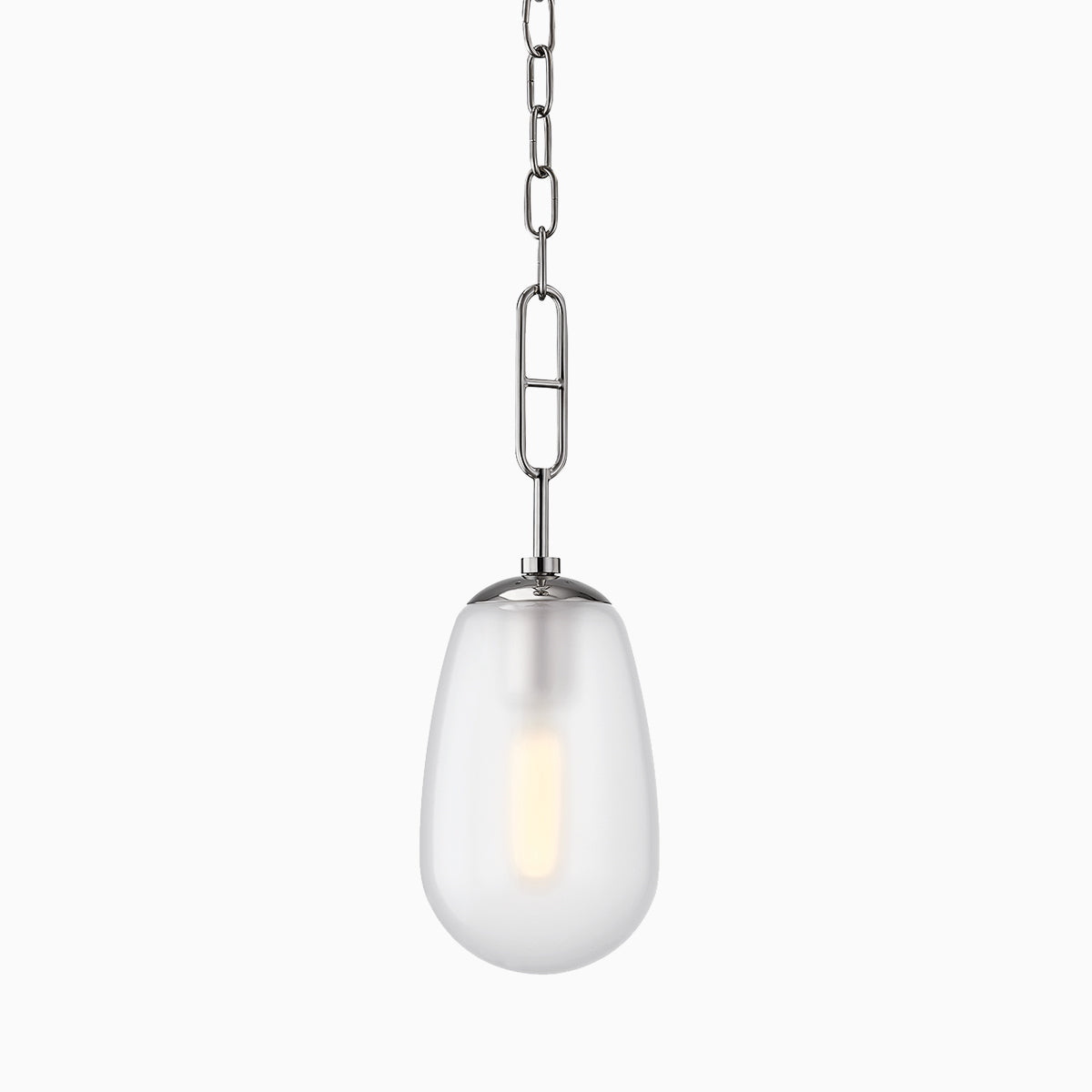 Polished chrome pendant light with a frosted teardrop glass shade and a polished nickel chain detail.