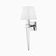 Elegant wall sconce with a polished chrome finish, crystal-inspired tapered stem, and a square white fabric shade for a refined look.