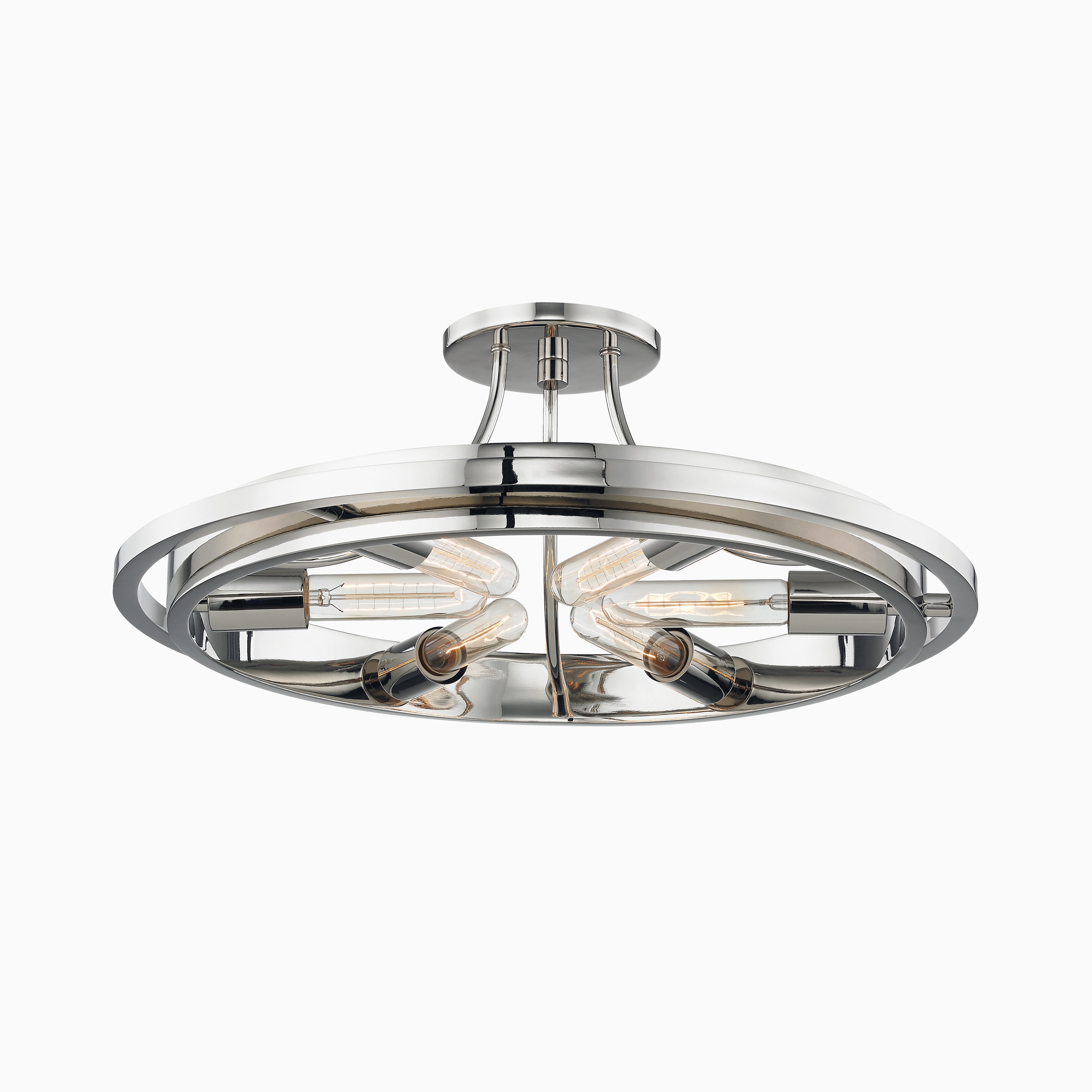 Polished chrome semi-flush ceiling light with a circular frame and exposed tubular bulbs, blending modern industrial style with sleek sophistication.