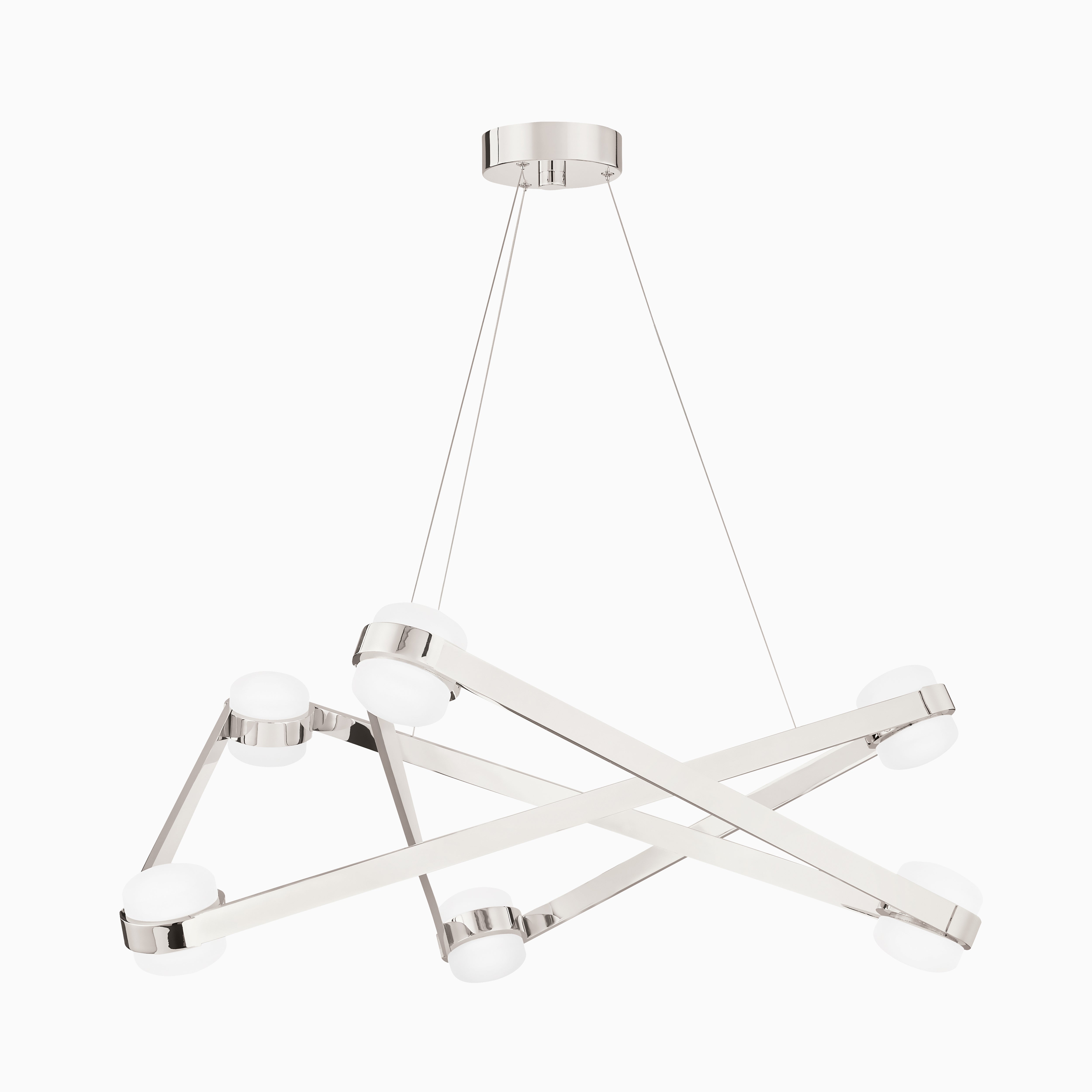 Geometric suspension light in polished chrome, featuring crisscrossing beams with frosted globes that balance modern artistry and functional lighting.