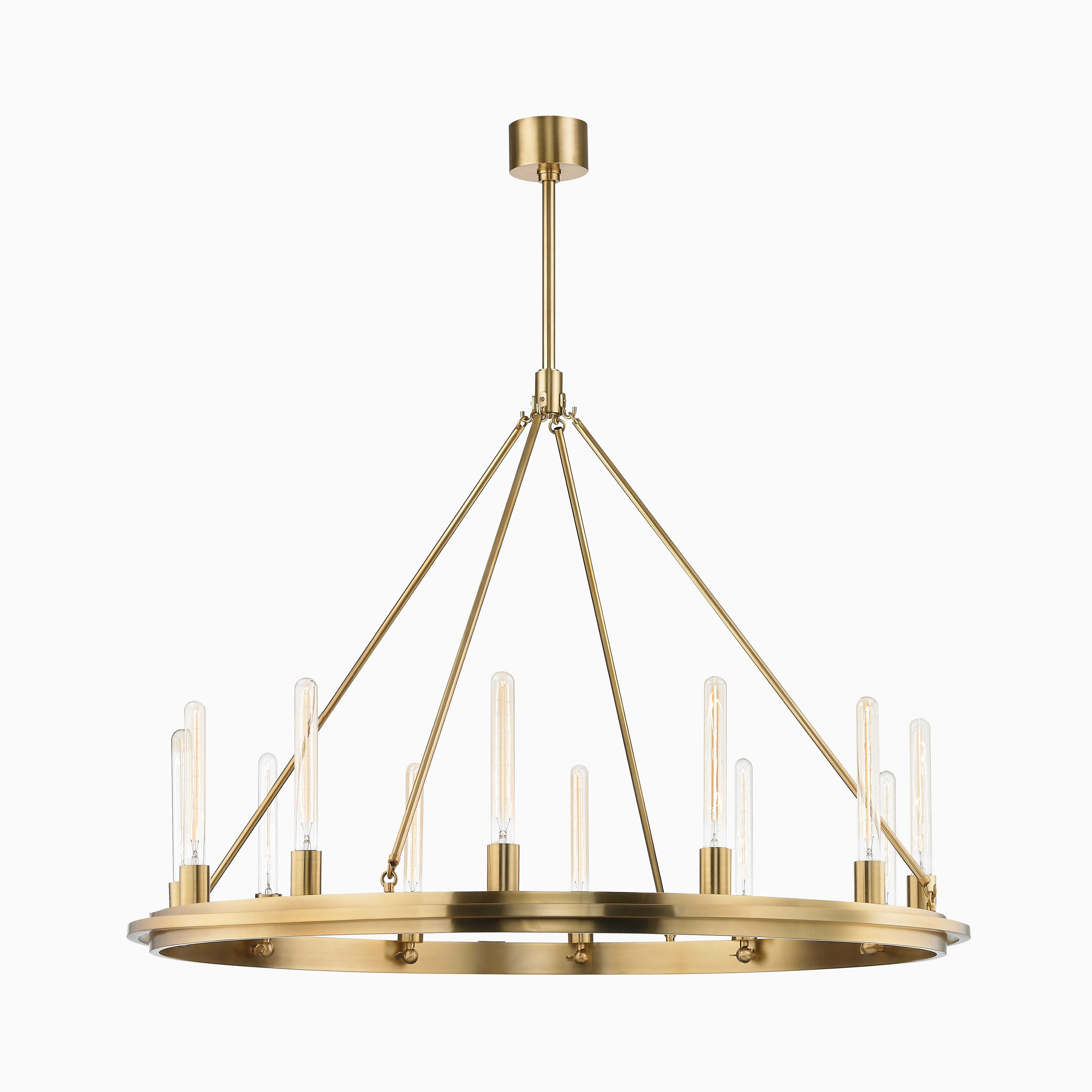 Modern ring chandelier in brushed gold with vertical tubular bulbs, suspended by slim rods for a warm, elegant centerpiece in contemporary interiors.