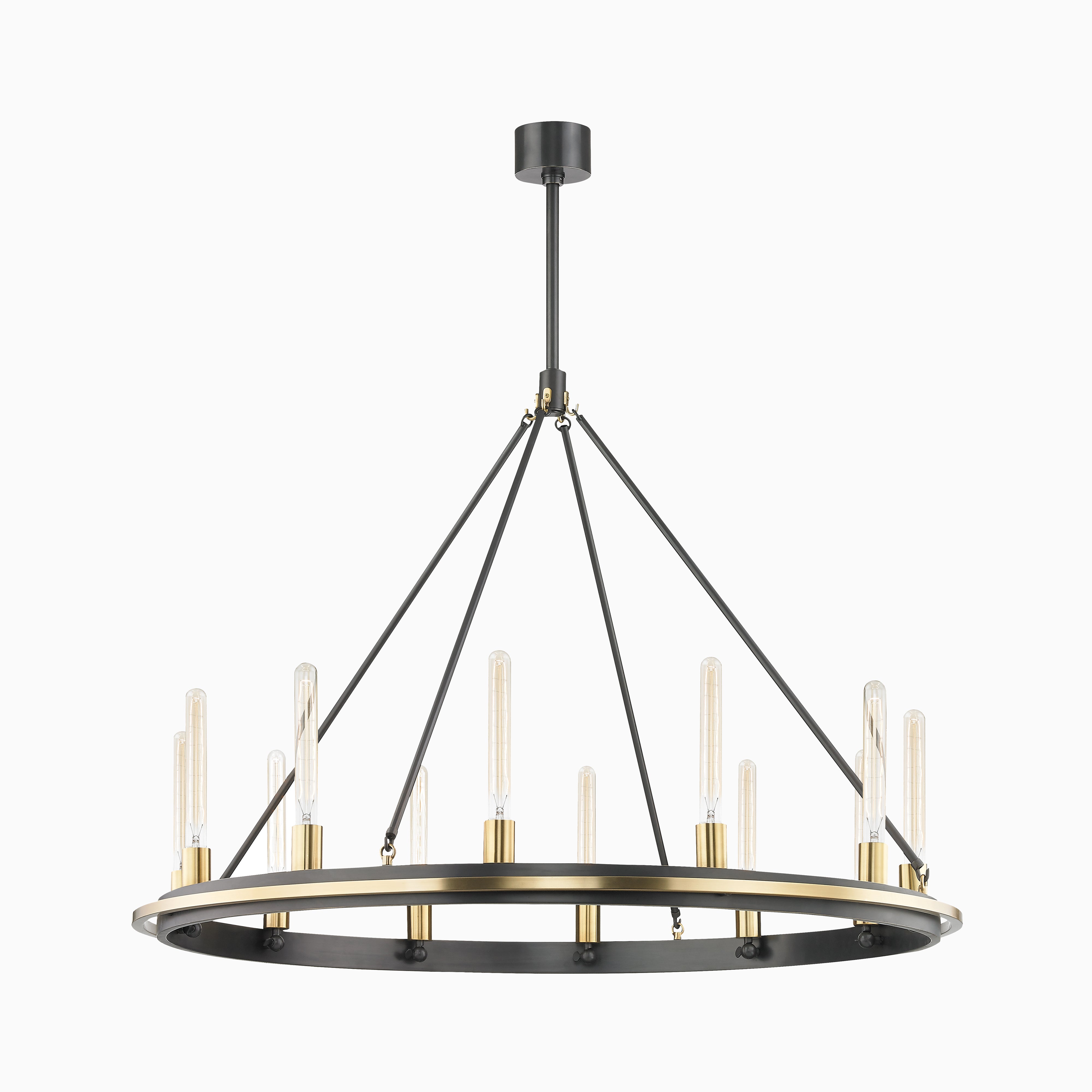Industrial-style ring chandelier in black and brass with vertical tubular bulbs, suspended by slim rods for a dramatic focal point in modern interiors.