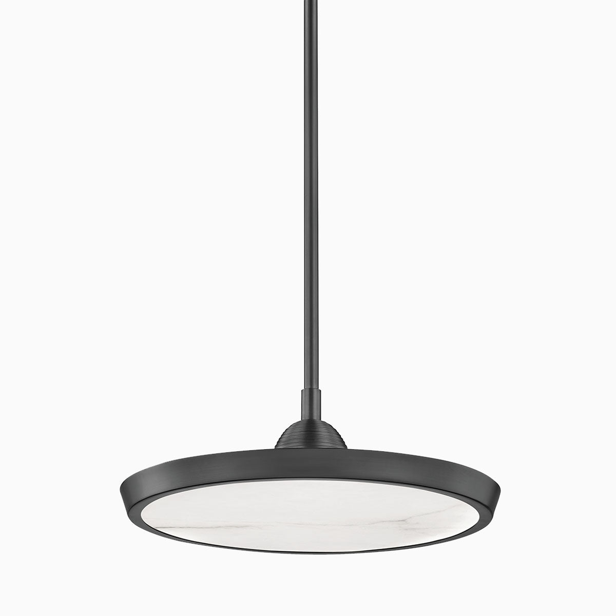 Compact round pendant light in old bronze finish with a flat circular shade, suspended by a slim rod for a clean modern look.