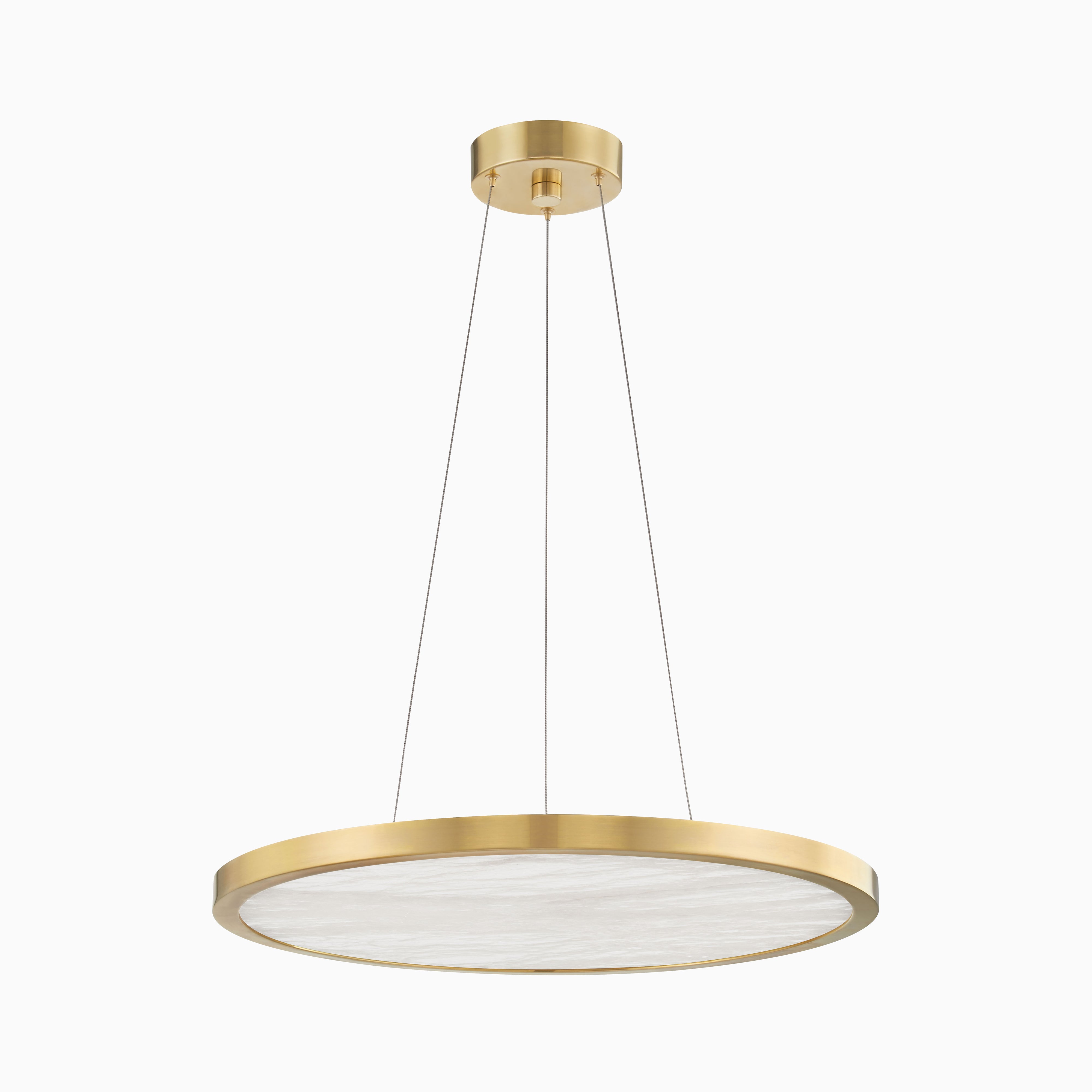 24" aged brass chandelier with slim circular frame, suspended wires, and alabaster diffuser, showcasing sleek modern minimalist design.