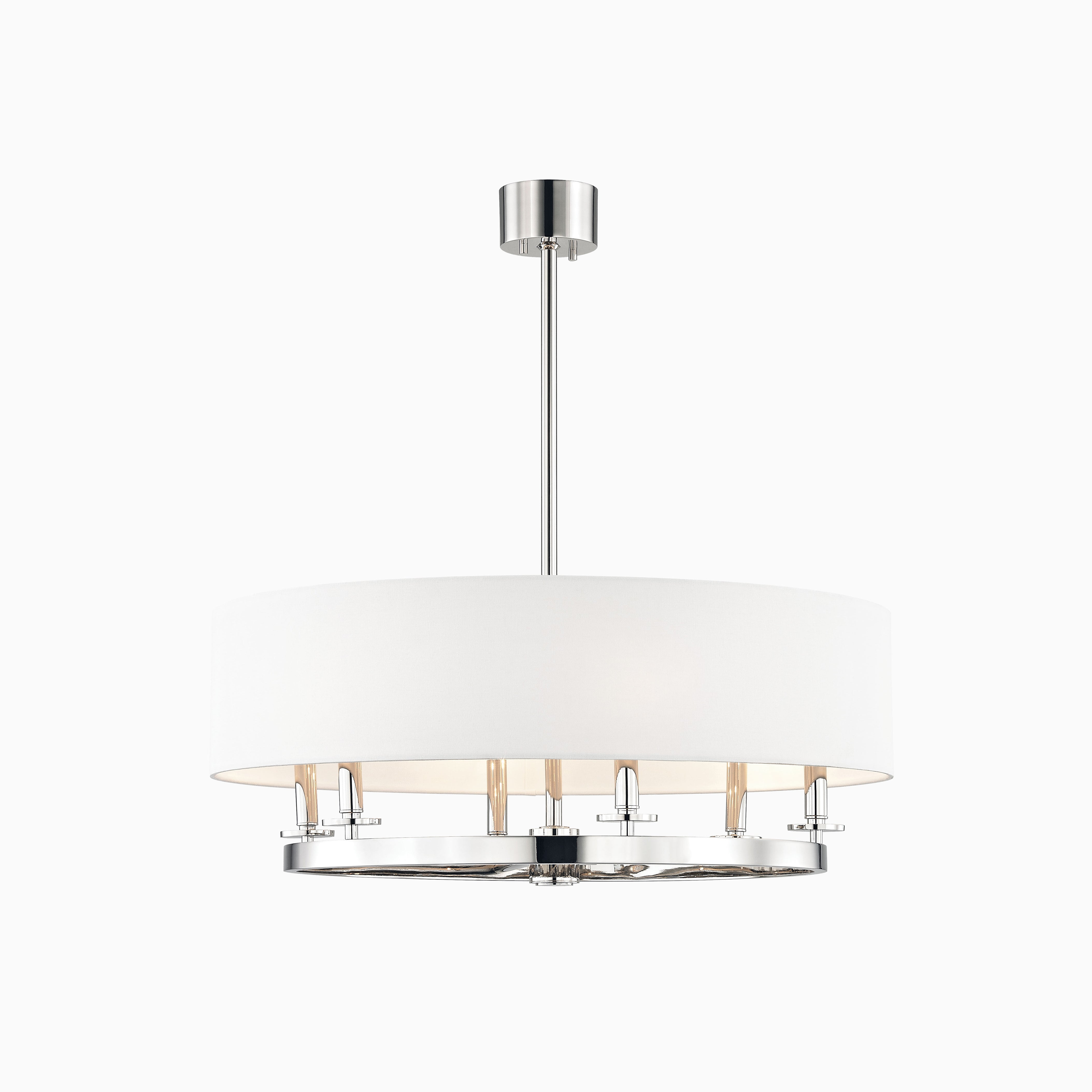 Chandelier with an off-white linen drum shade and polished nickel ring base, offering soft, ambient light with modern elegance.